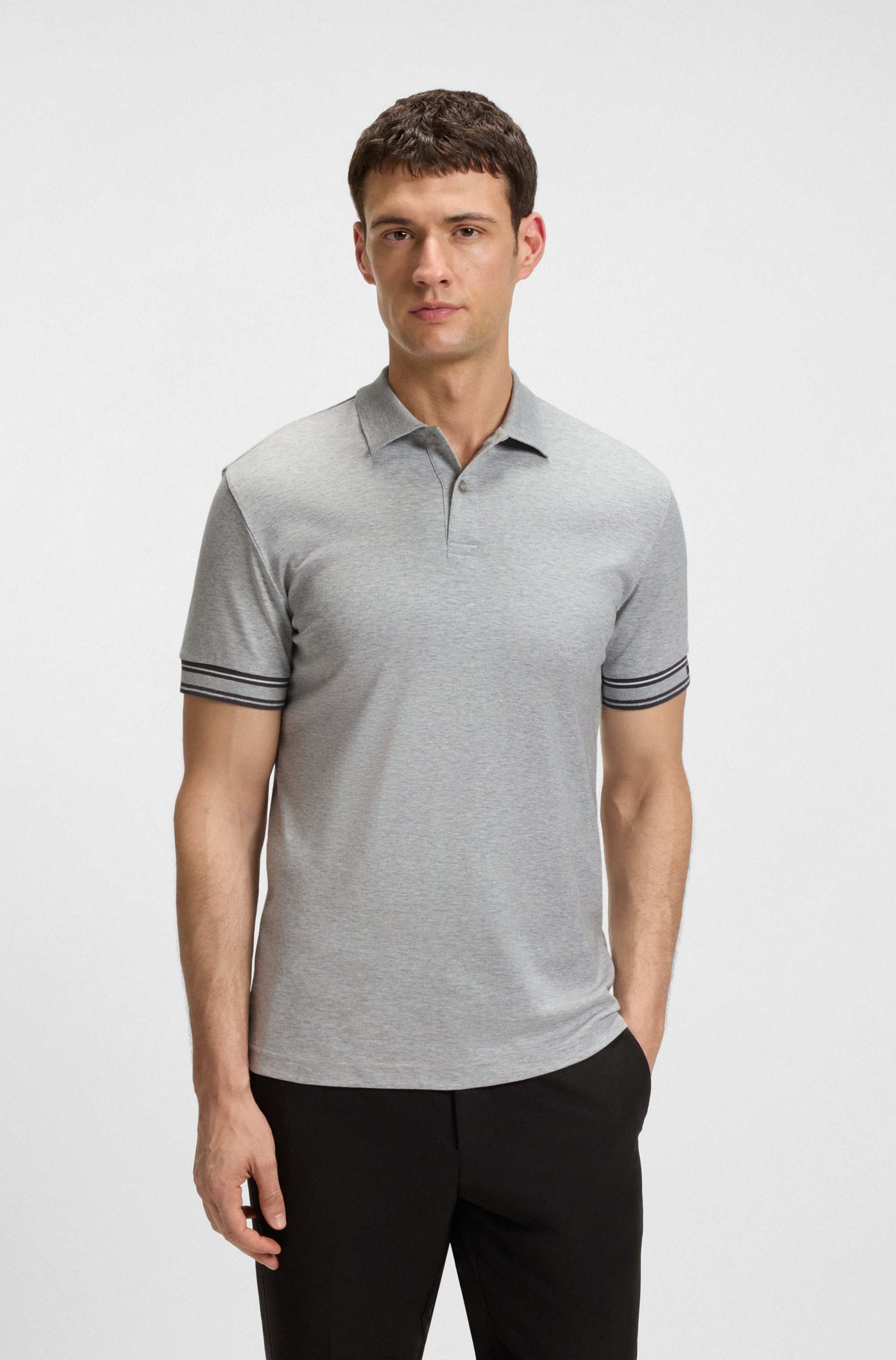 Slim-fit polo shirt in cotton with striped cuffs