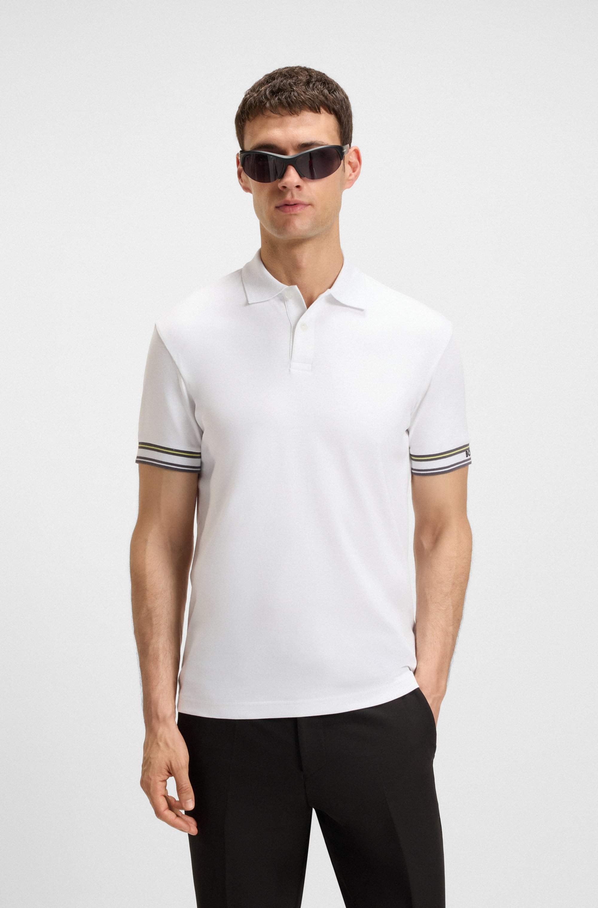 Slim-fit polo shirt in cotton with striped cuffs