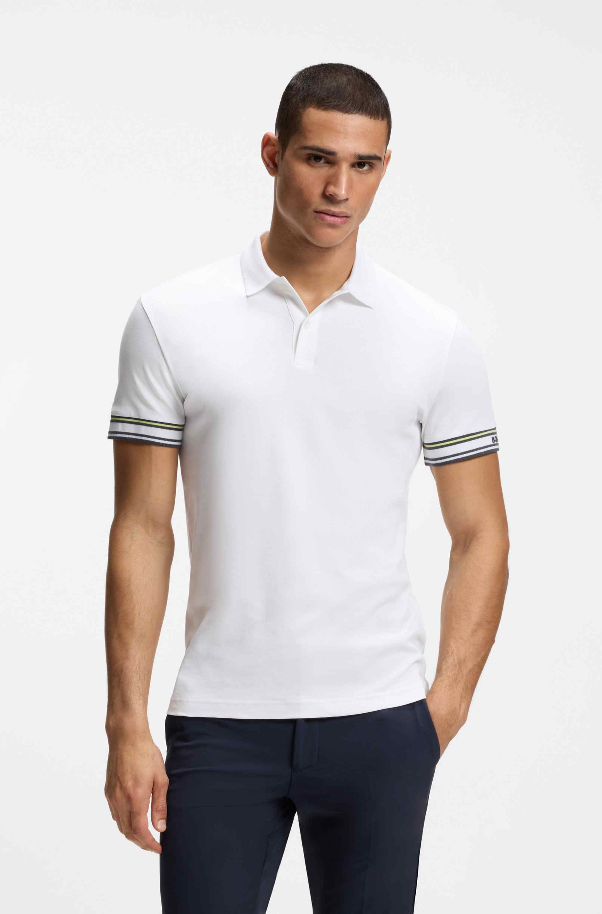 Slim-fit polo shirt in cotton with striped cuffs