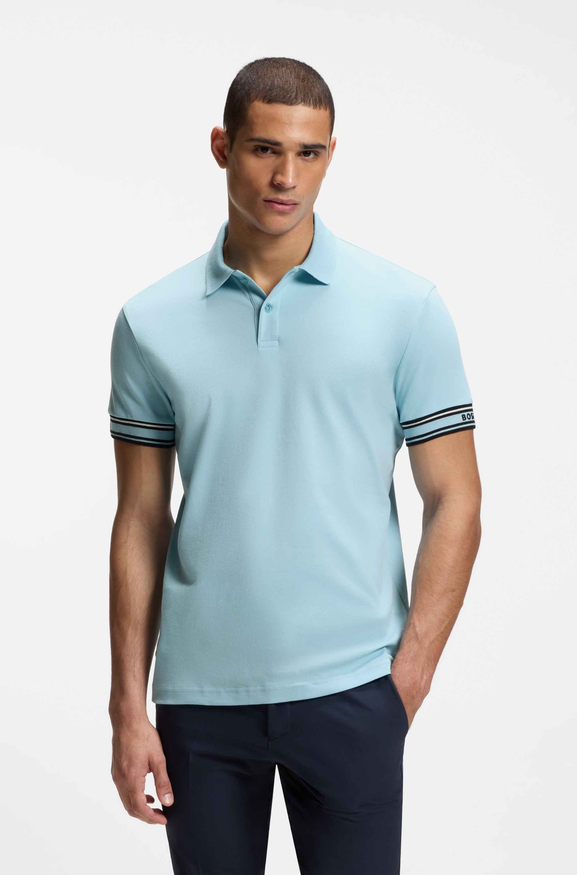 Slim-fit polo shirt in cotton with striped cuffs