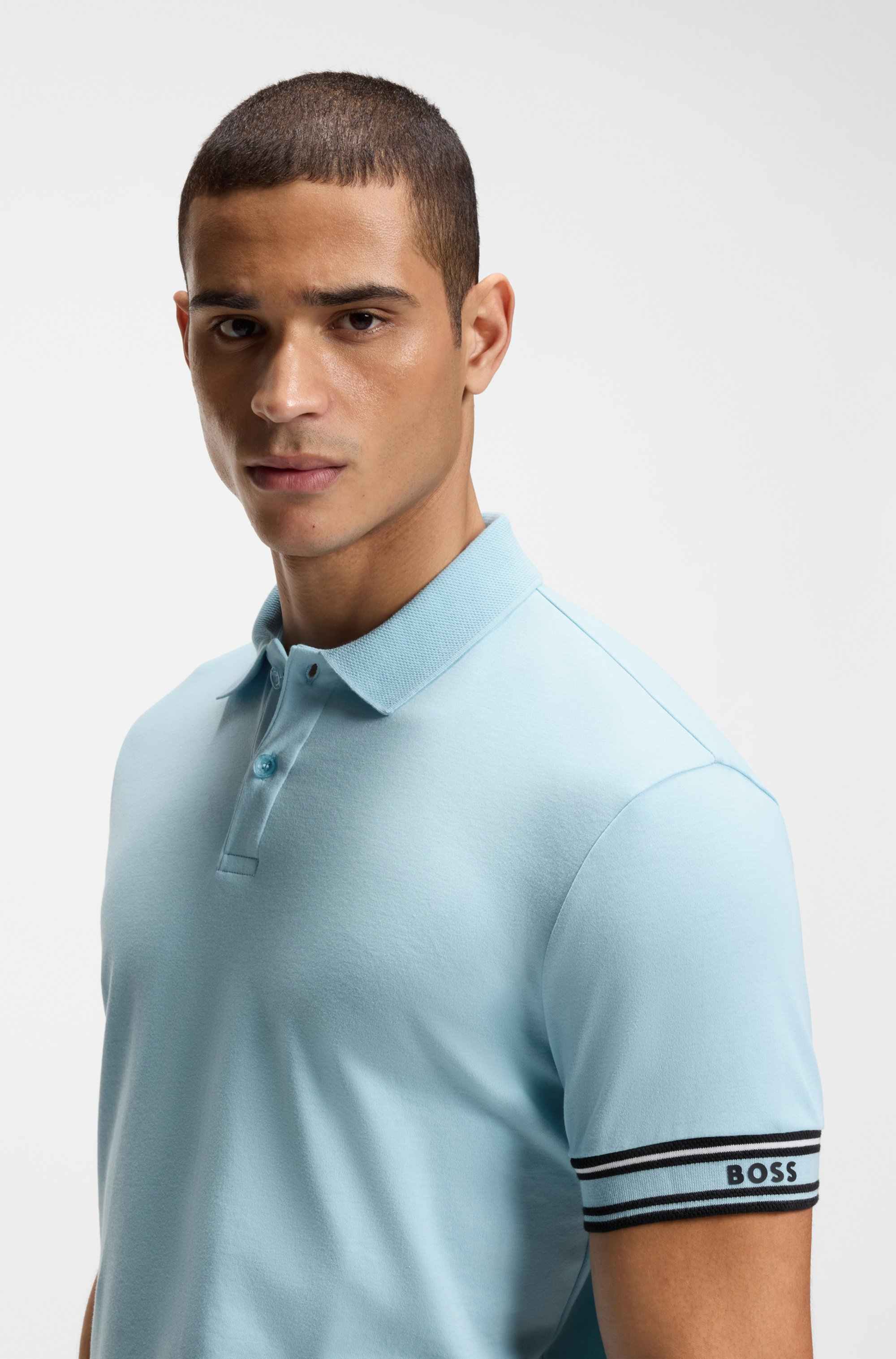 Slim-fit polo shirt in cotton with striped cuffs
