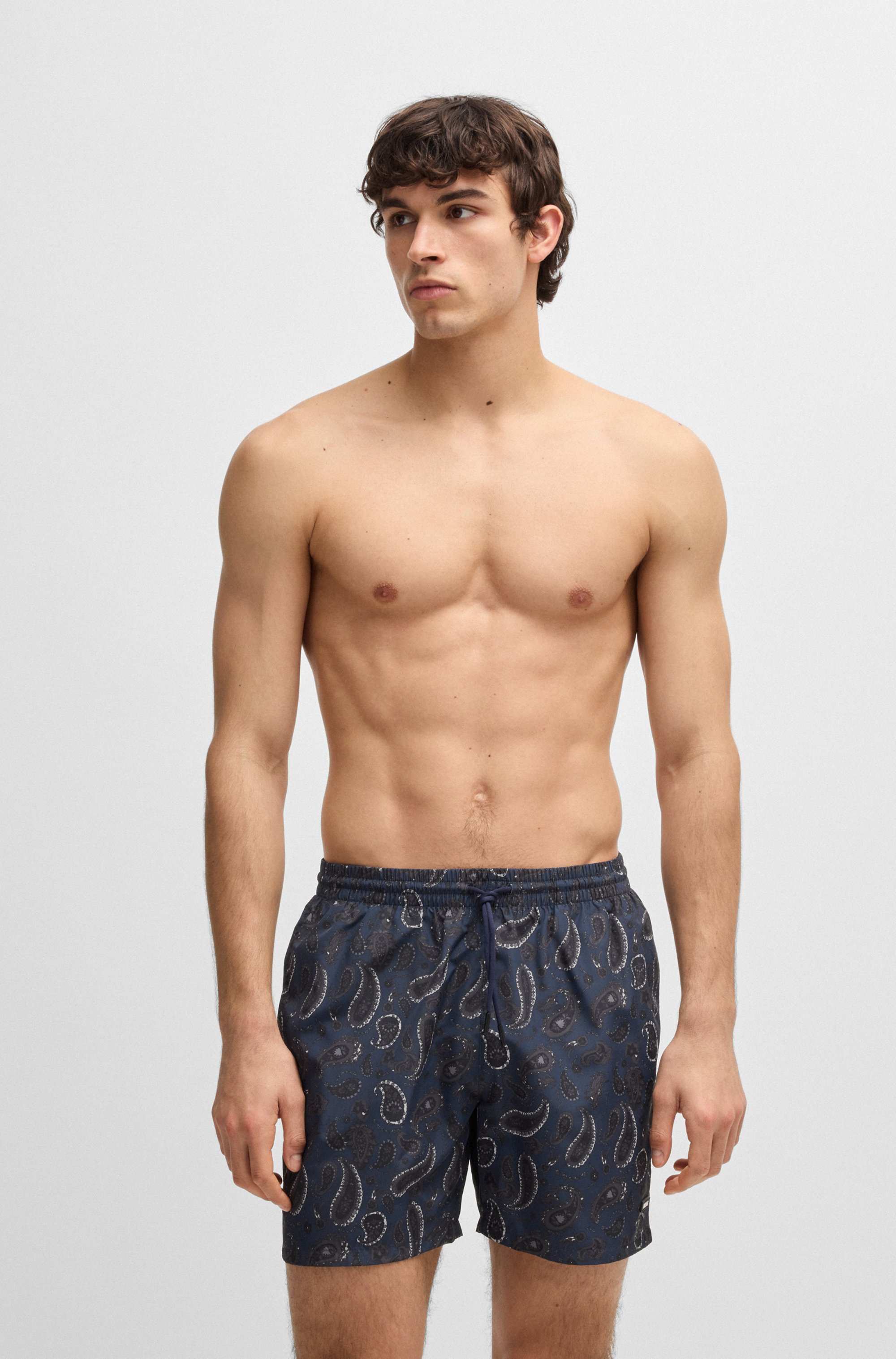 Paisley-print swim shorts with rubber logo