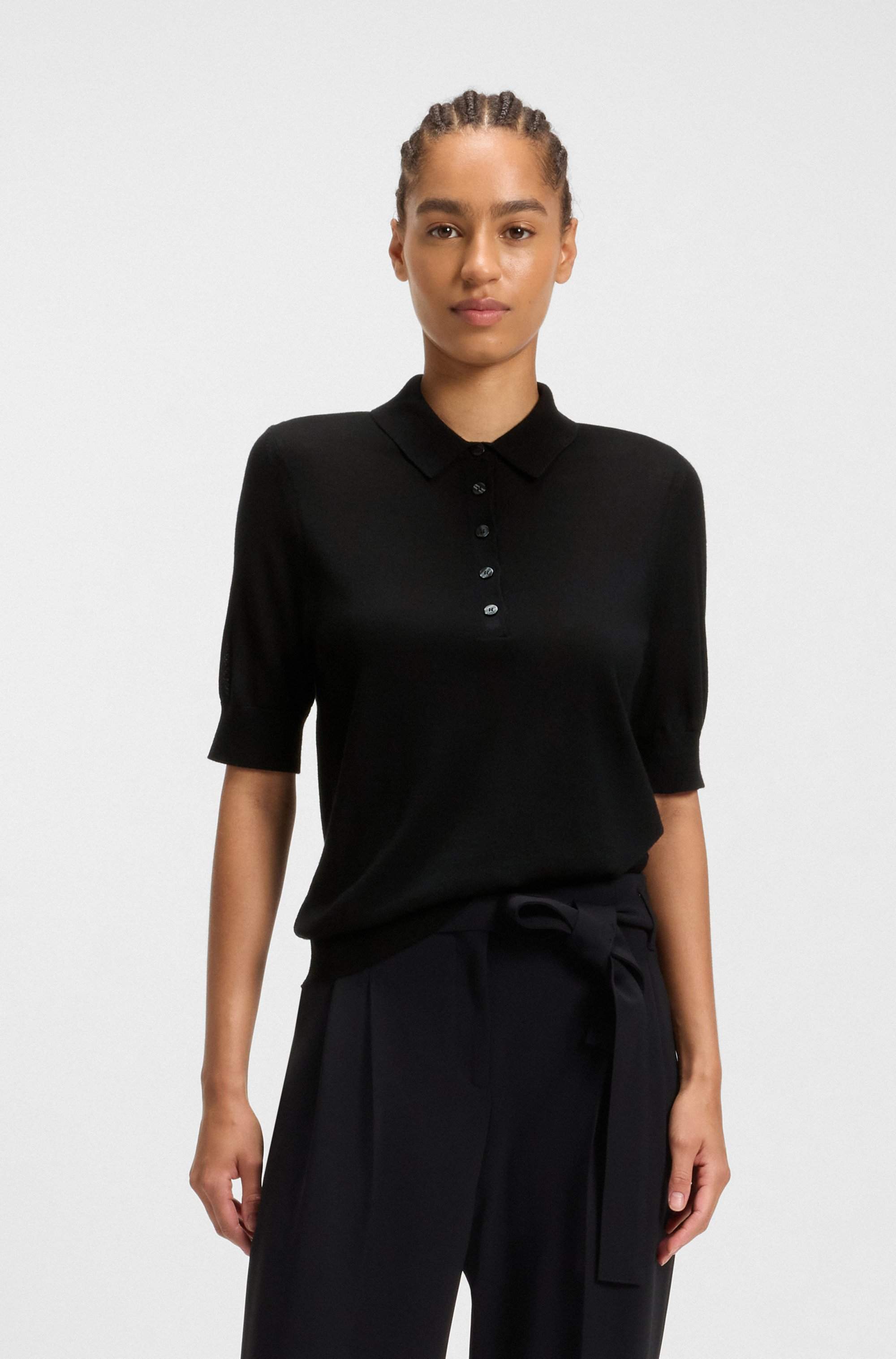 Merino-wool polo sweater with five-button placket