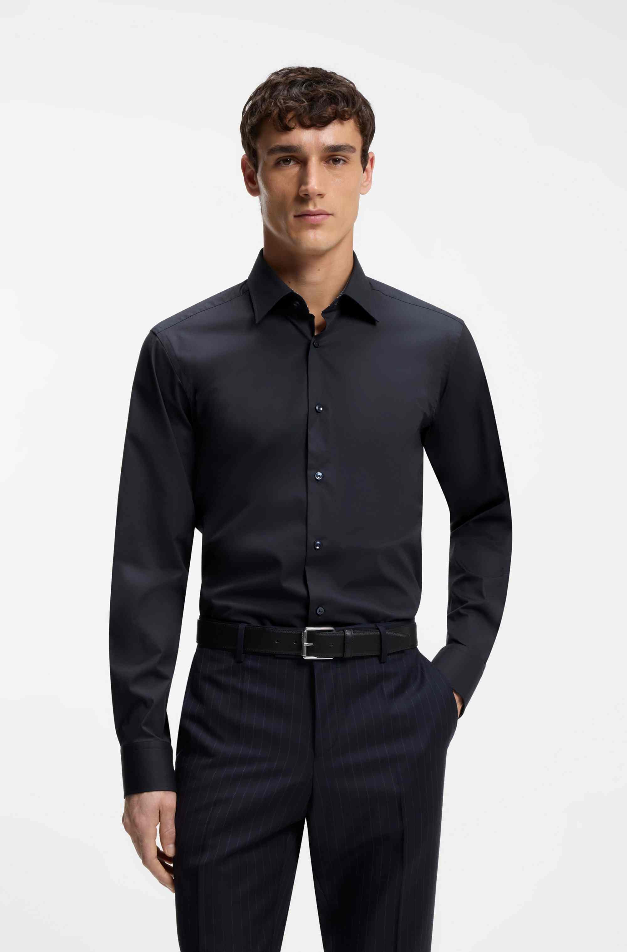Regular-fit shirt in easy-iron stretch-cotton poplin