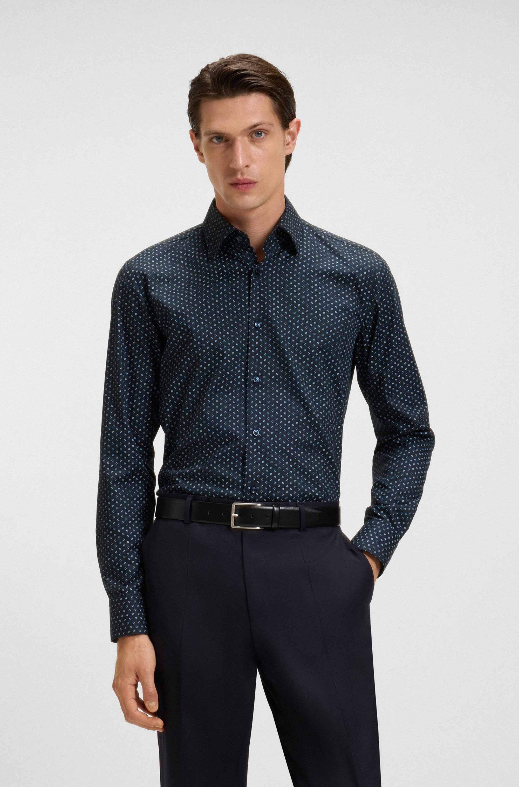 Slim-fit shirt in printed Oxford stretch cotton