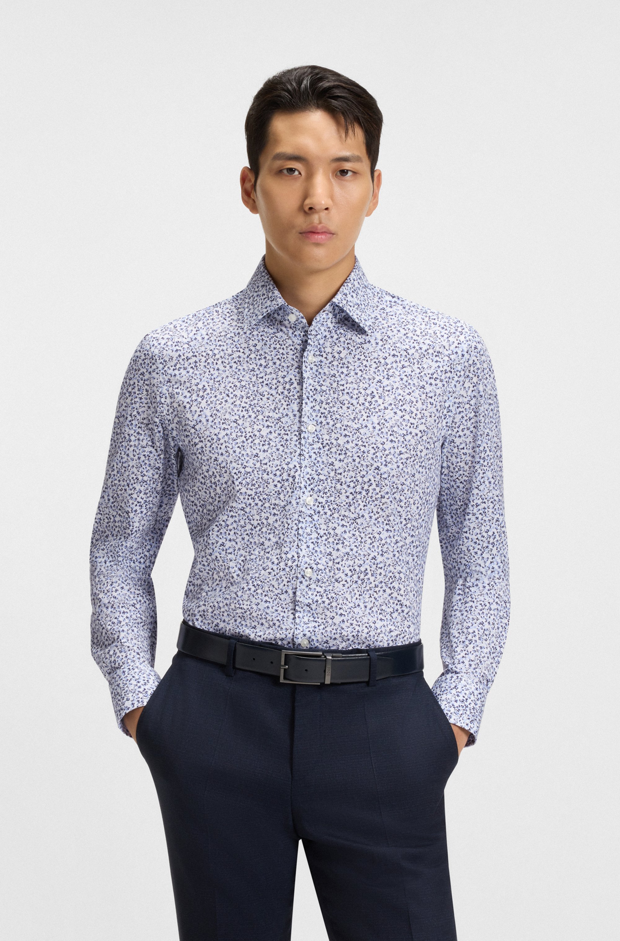 Slim-fit shirt in floral-print stretch-cotton poplin