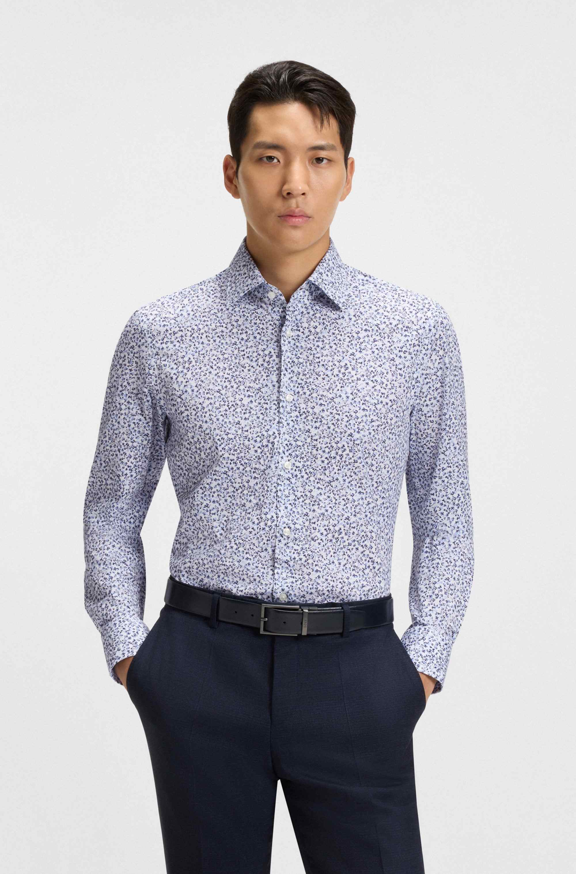 Slim-fit shirt in floral-print stretch-cotton poplin