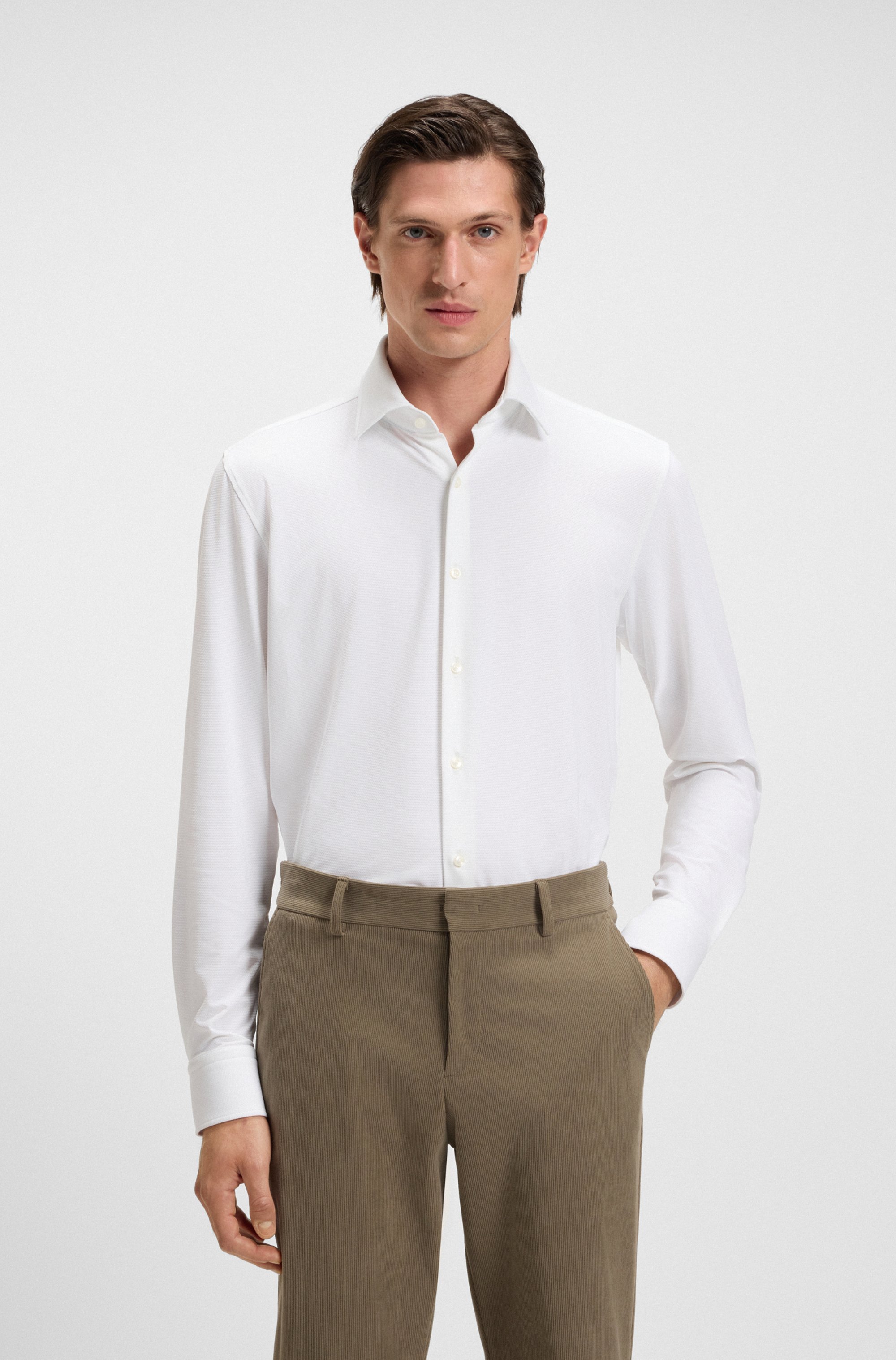 Slim-fit shirt in structured performance-stretch jersey