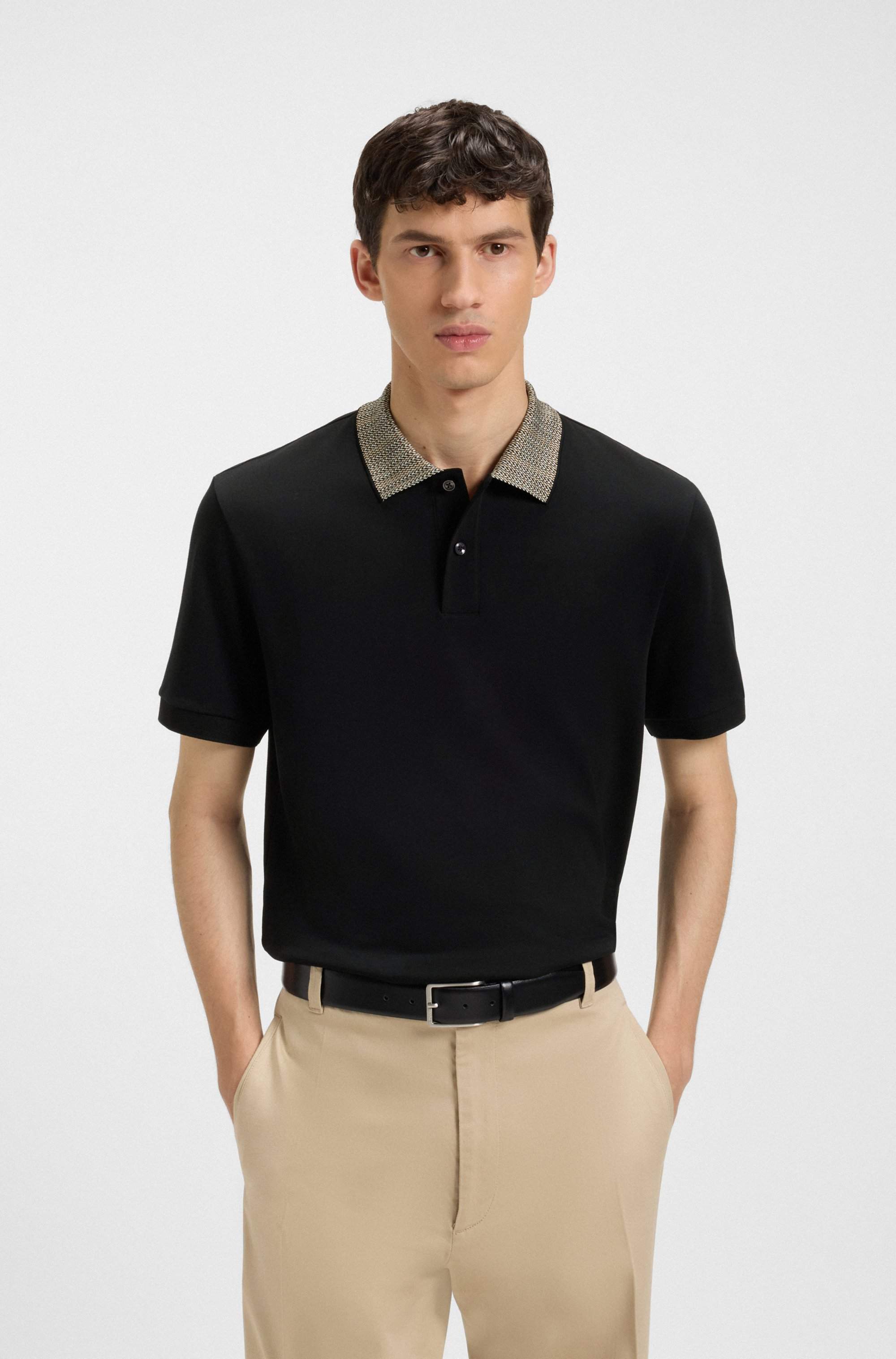 Pima-cotton polo shirt with patterned collar