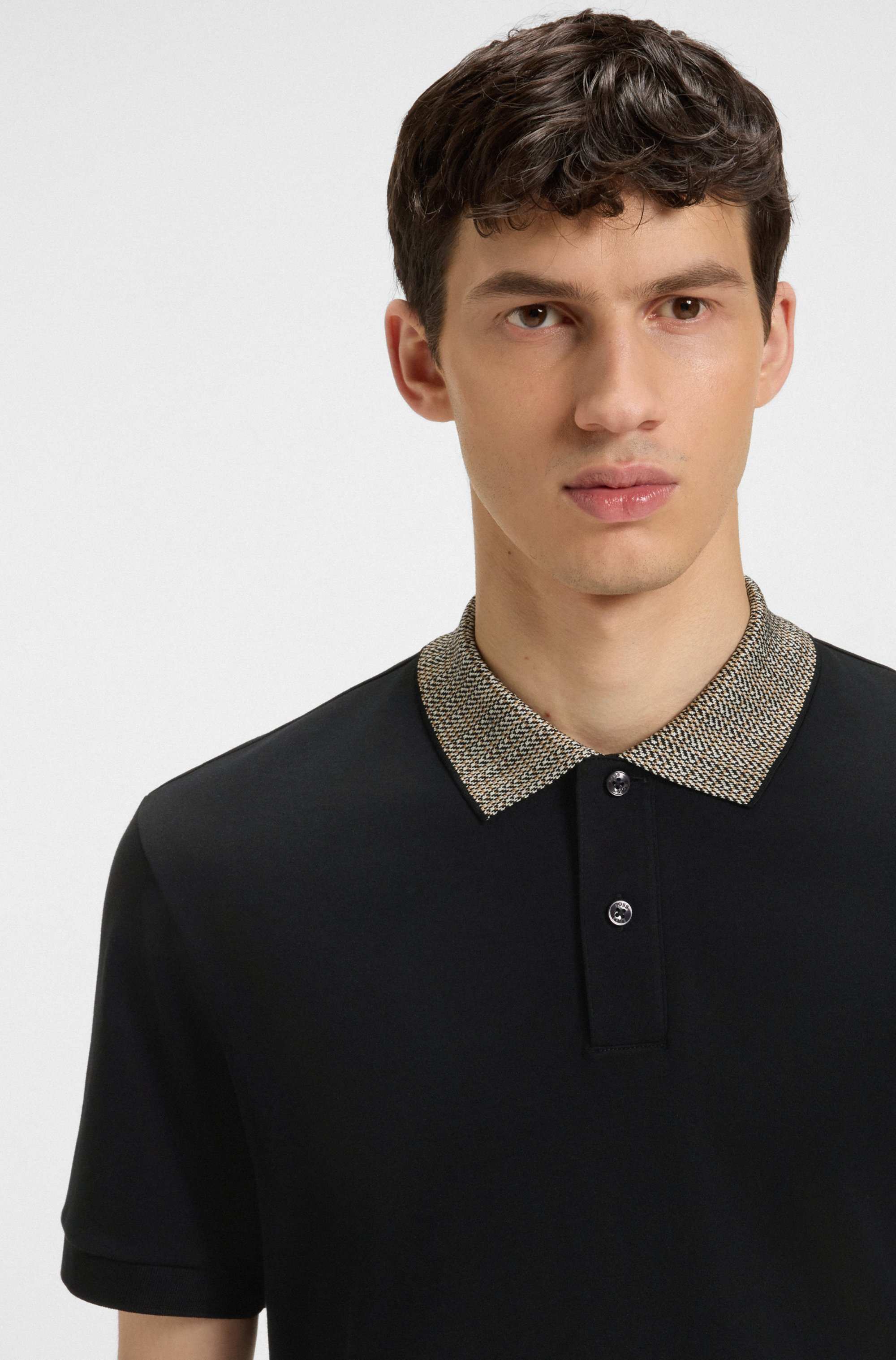 Pima-cotton polo shirt with patterned collar