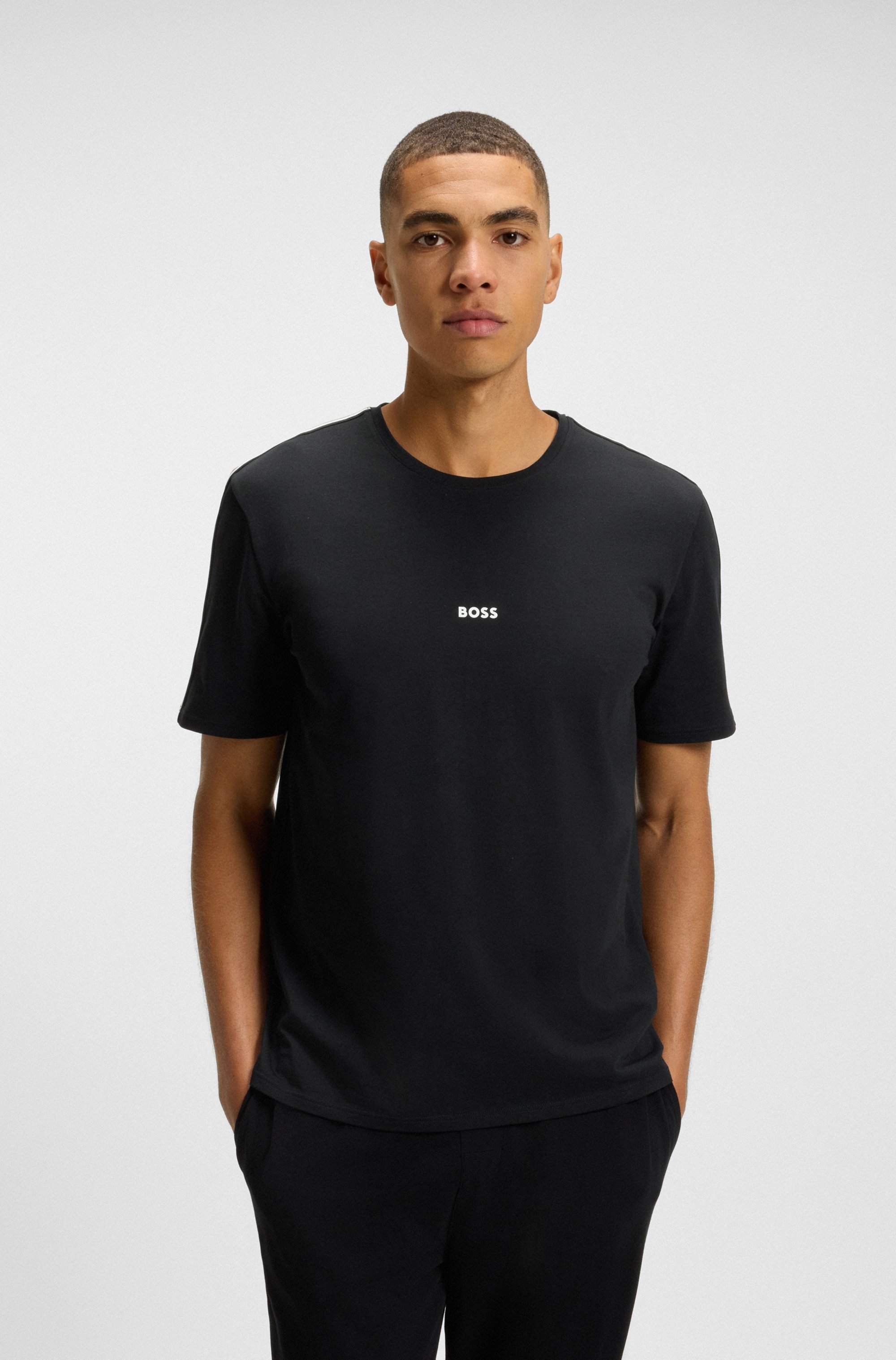 Stretch-cotton pyjama T-shirt with tape trims