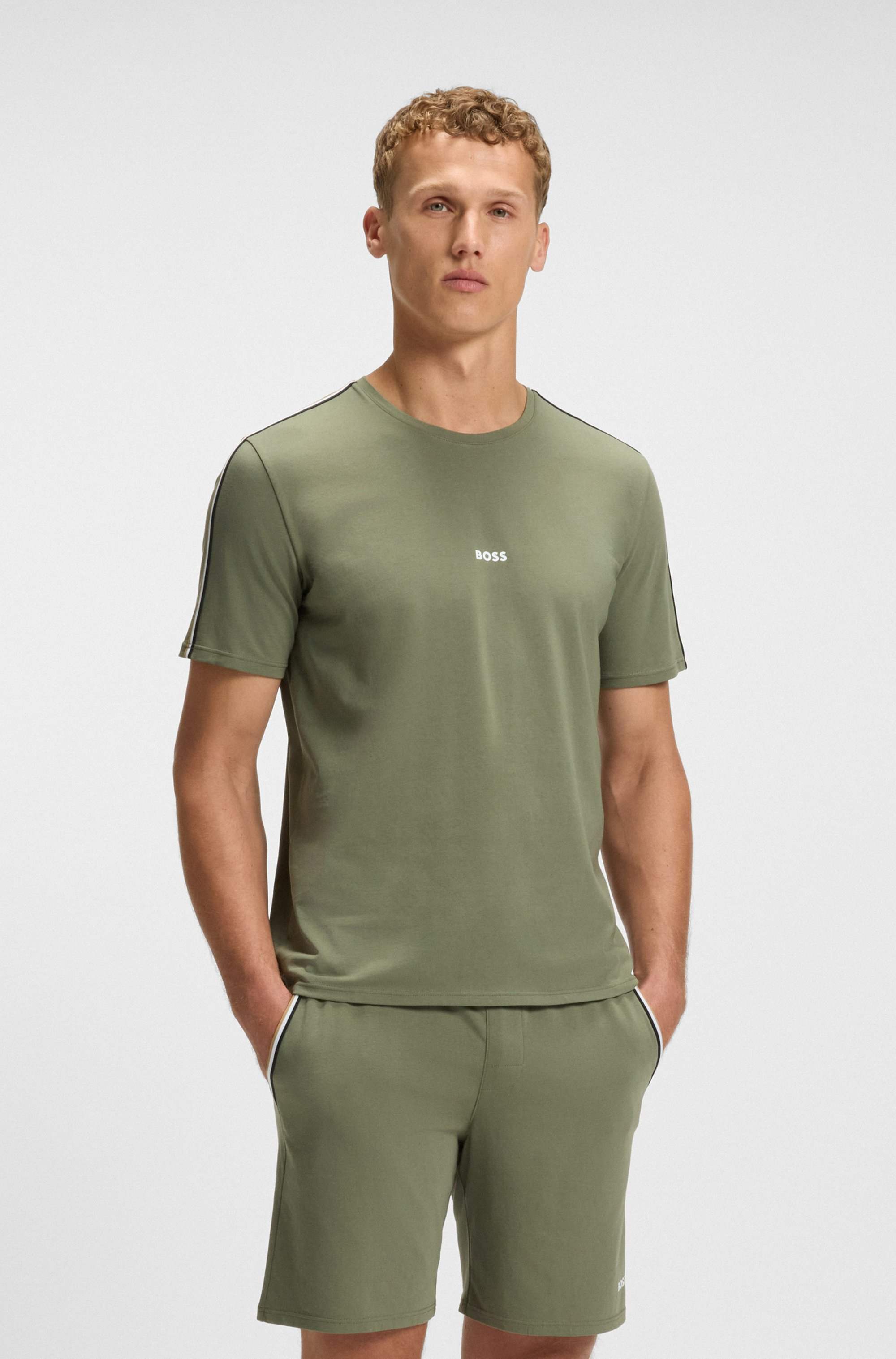 Stretch-cotton pyjama T-shirt with tape trims