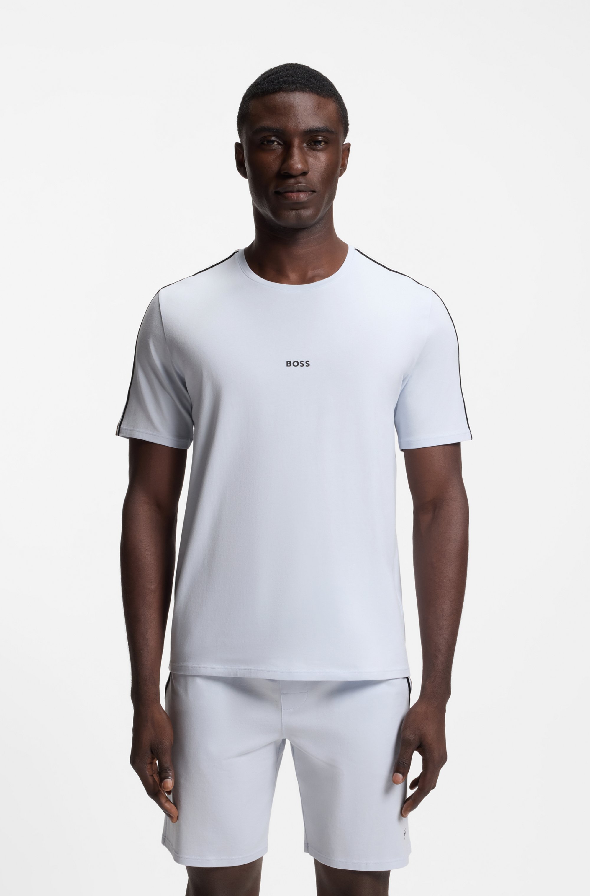 Stretch-cotton pyjama T-shirt with signature-stripe tape