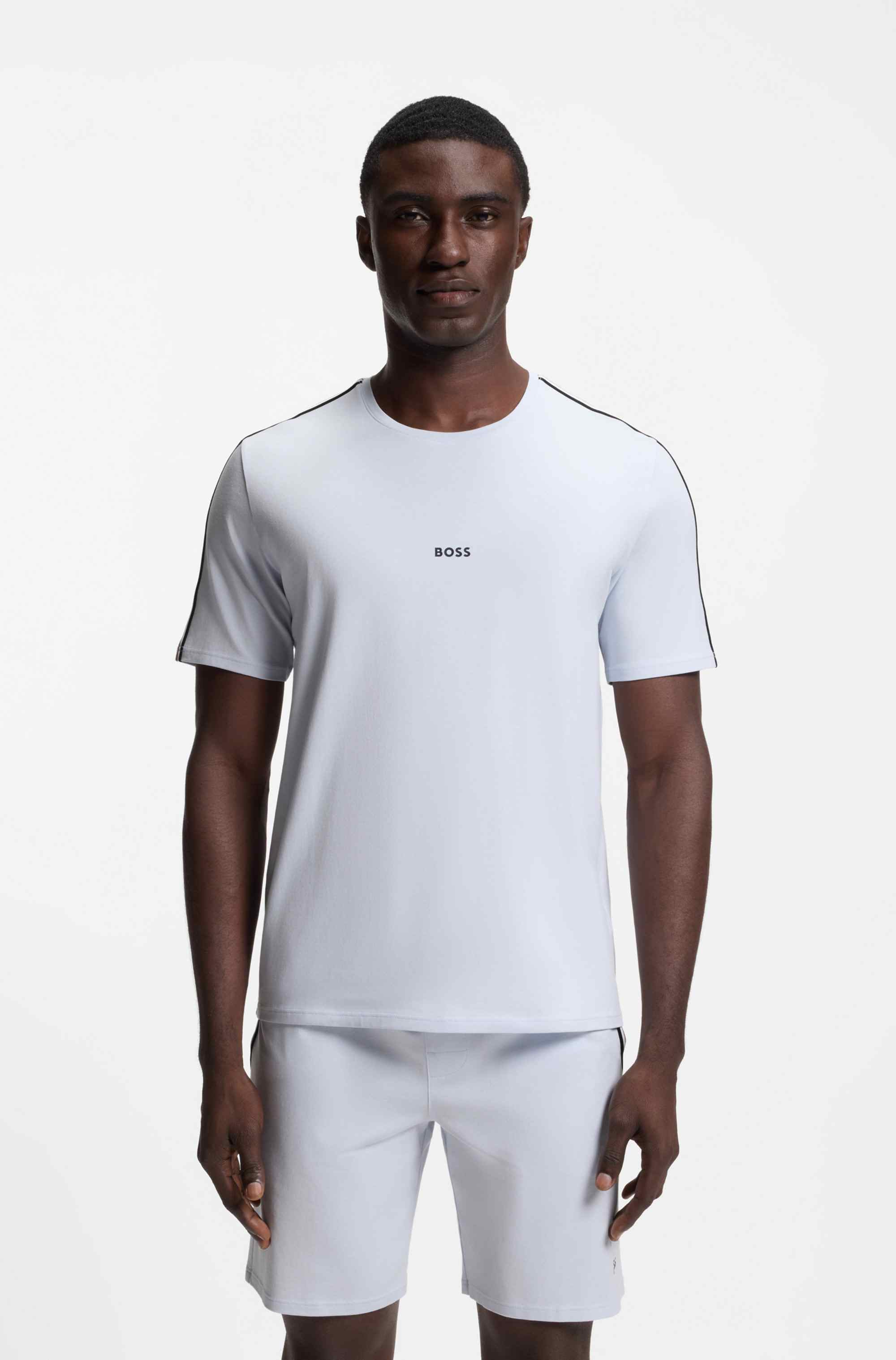 Stretch-cotton pyjama T-shirt with signature-stripe tape