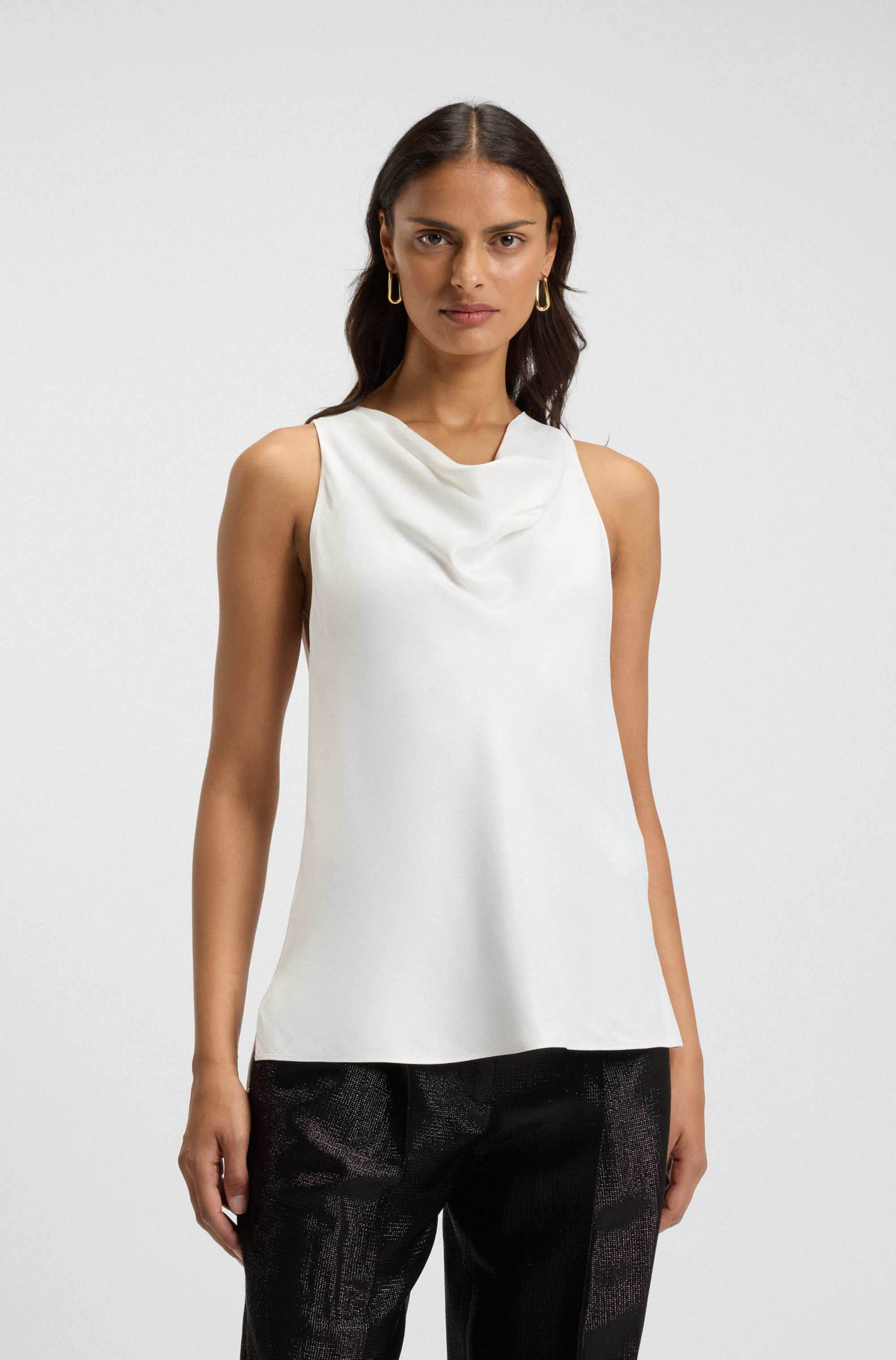 Sleeveless top in satin with draped neckline