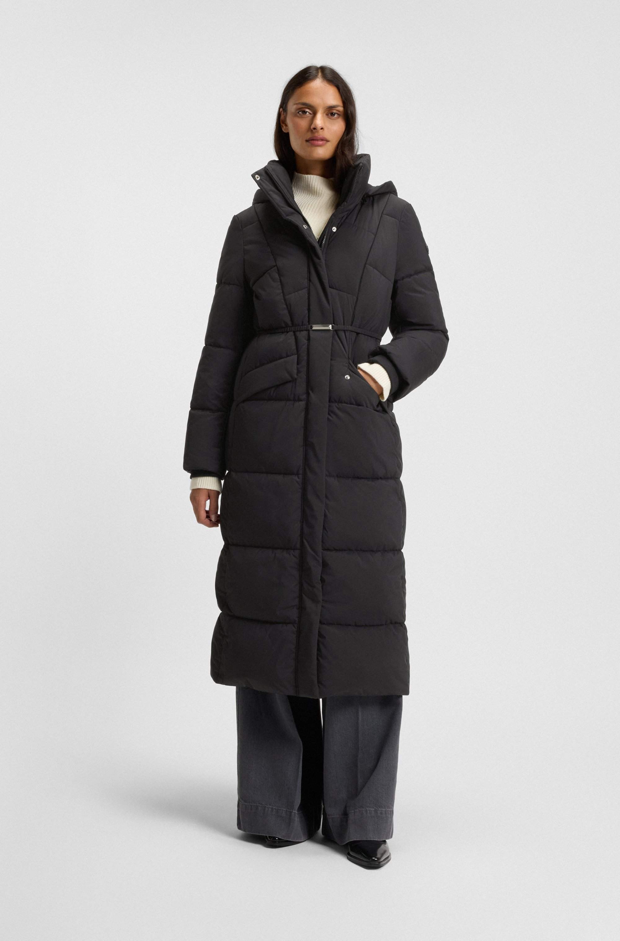 Long-length padded coat with metallic belt detail