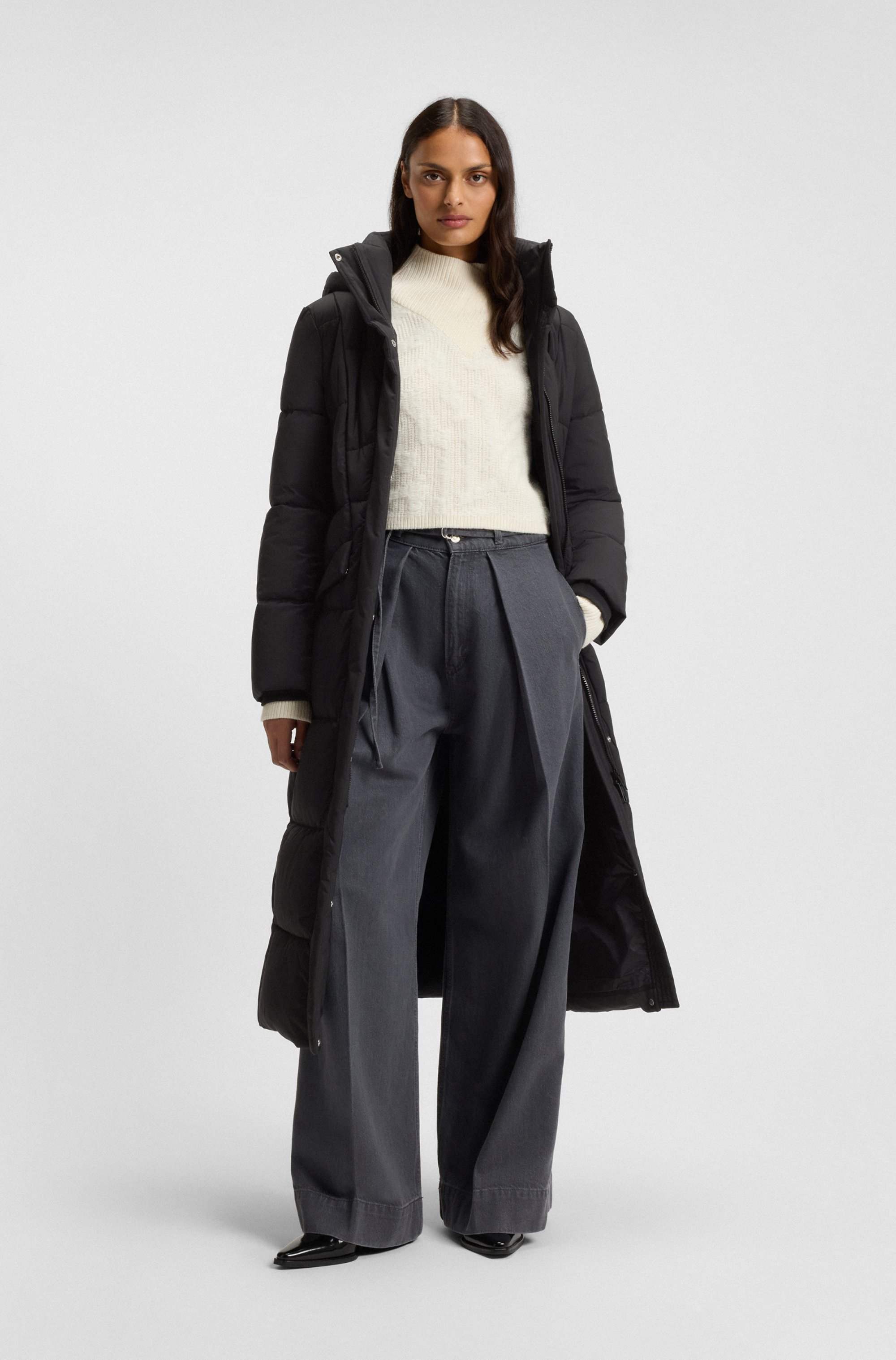 Long-length padded coat with metallic belt detail