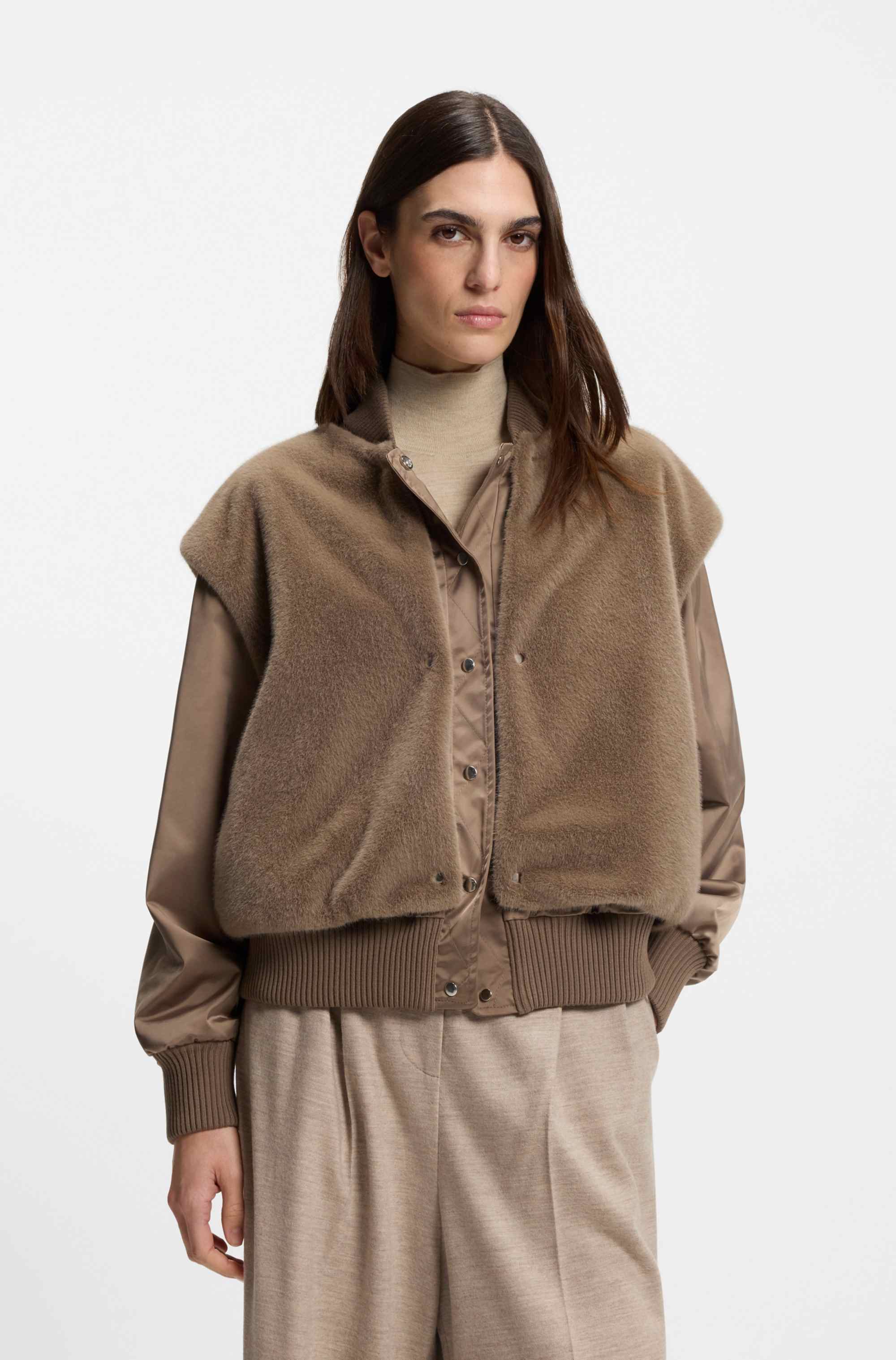 Satin bomber jacket with removable faux-fur gilet