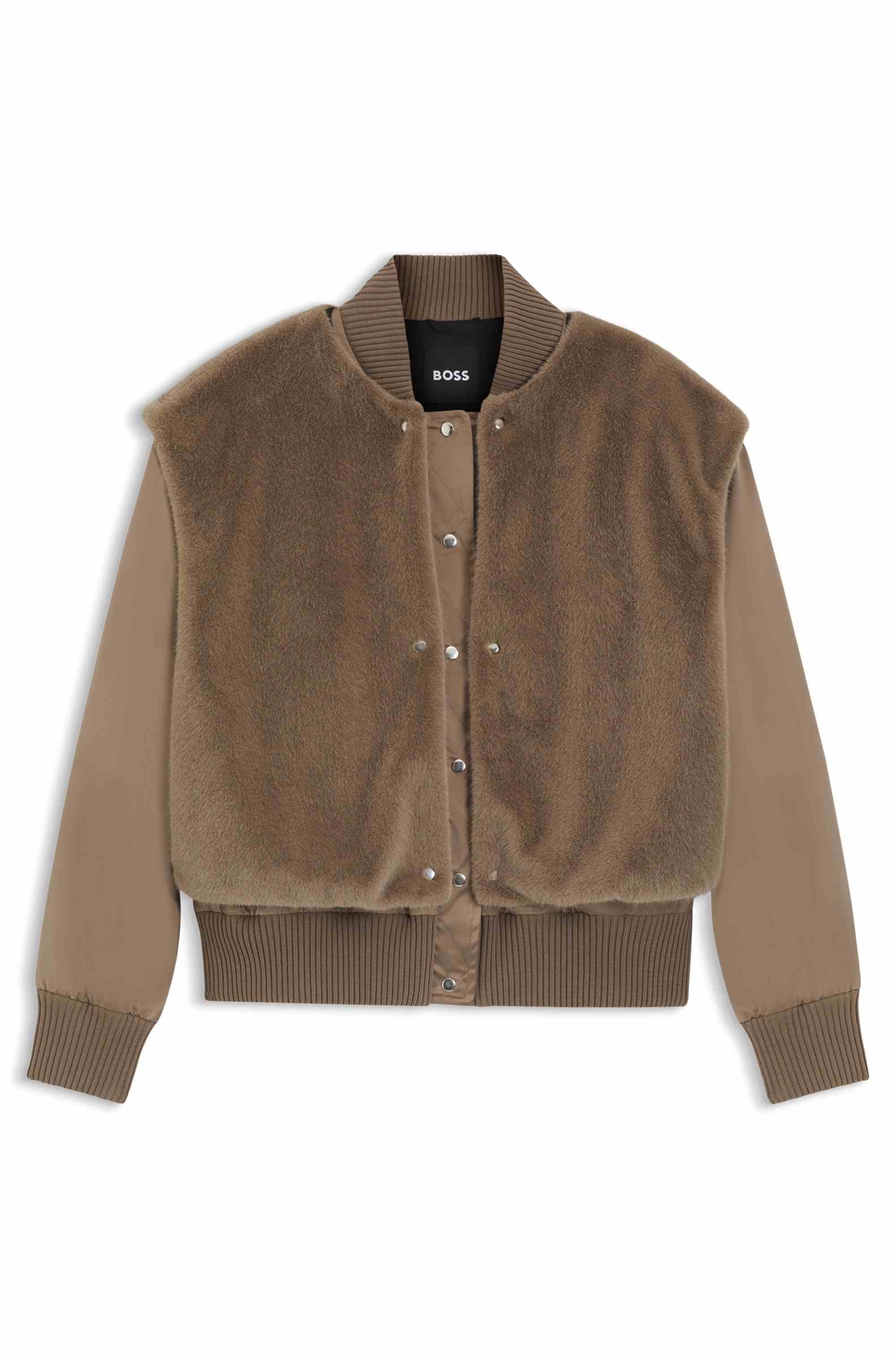Satin bomber jacket with removable faux-fur gilet