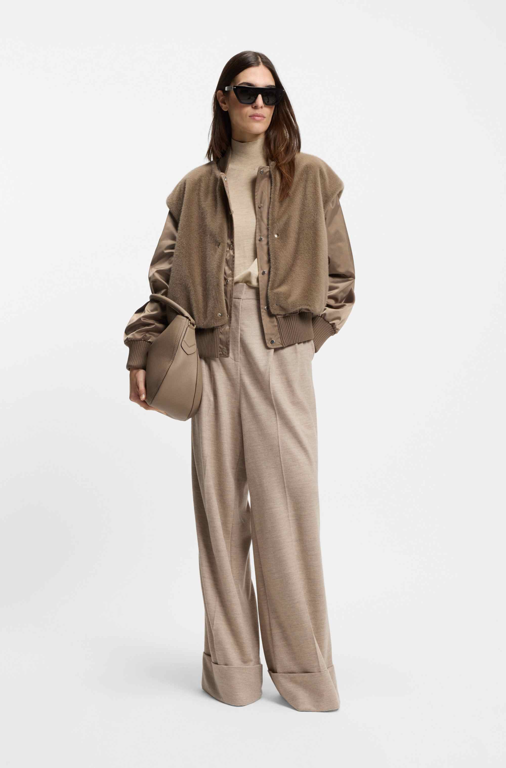 Satin bomber jacket with removable faux-fur gilet