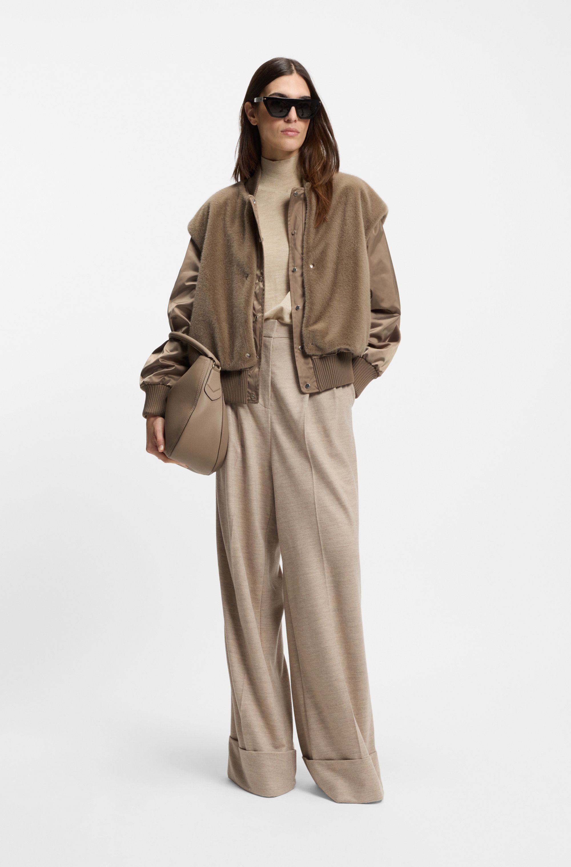 Satin bomber jacket with removable faux-fur gilet