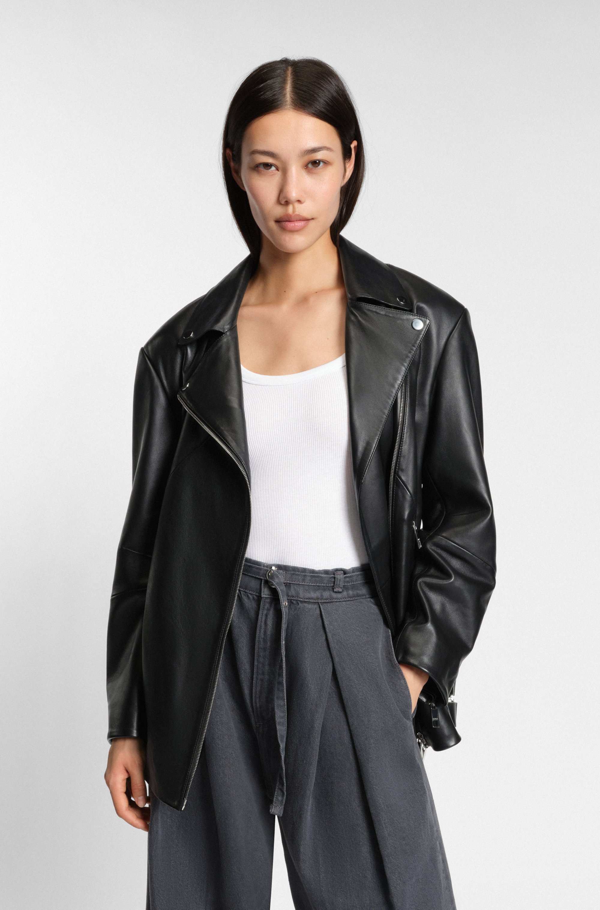 Long biker jacket in nappa leather