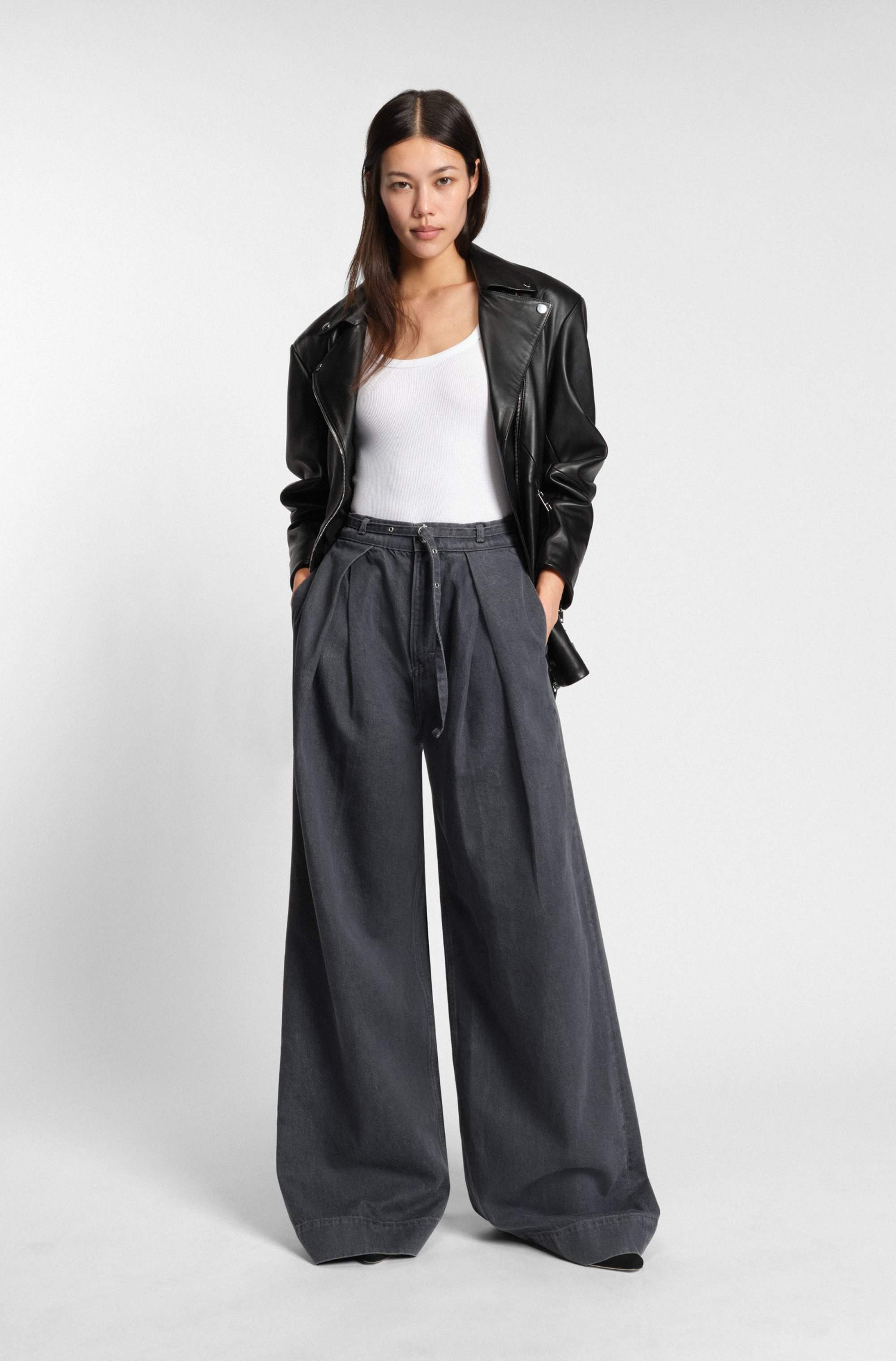 Long biker jacket in nappa leather