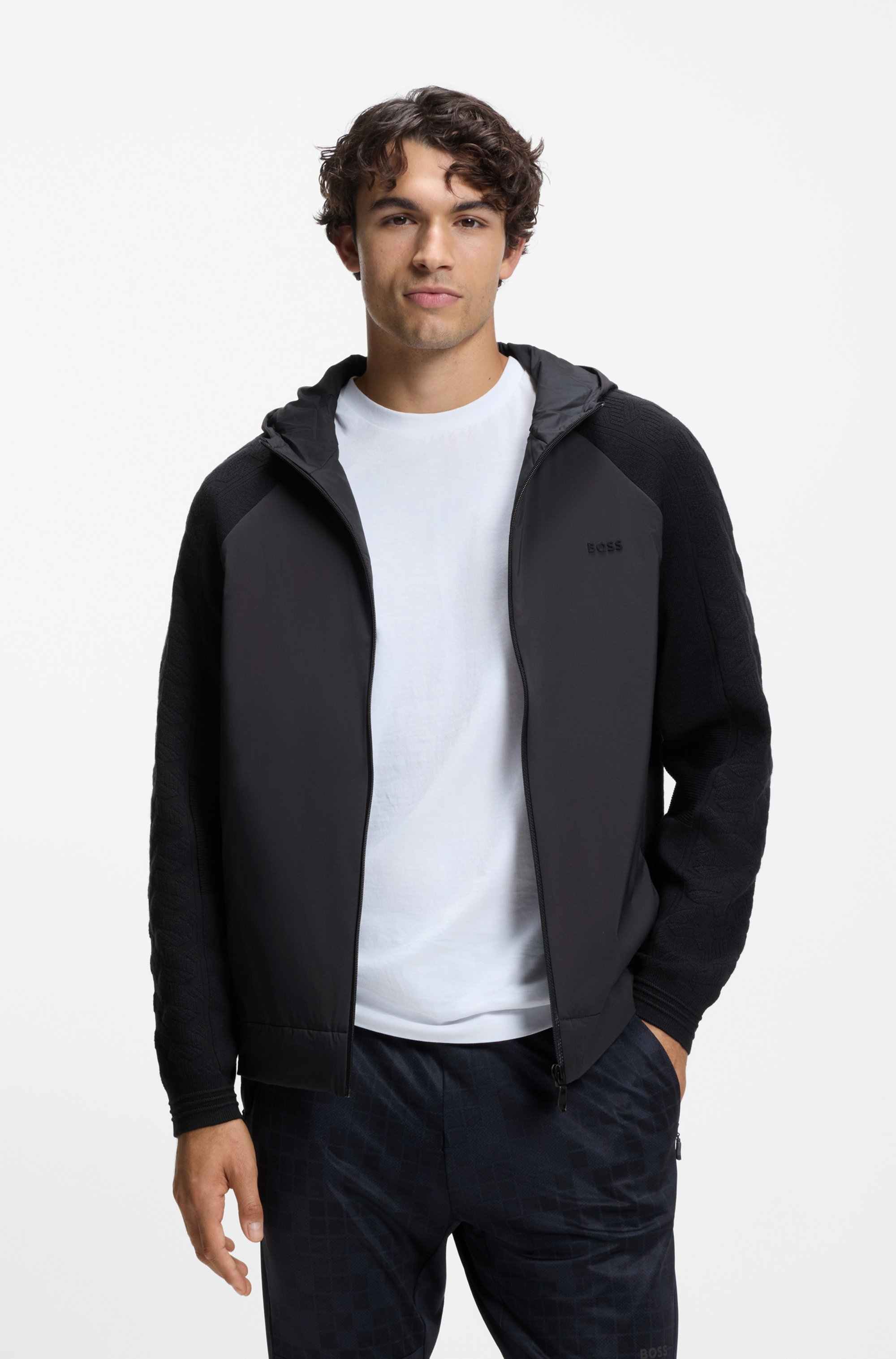 Zip-up hoodie with tonal textured jacquard