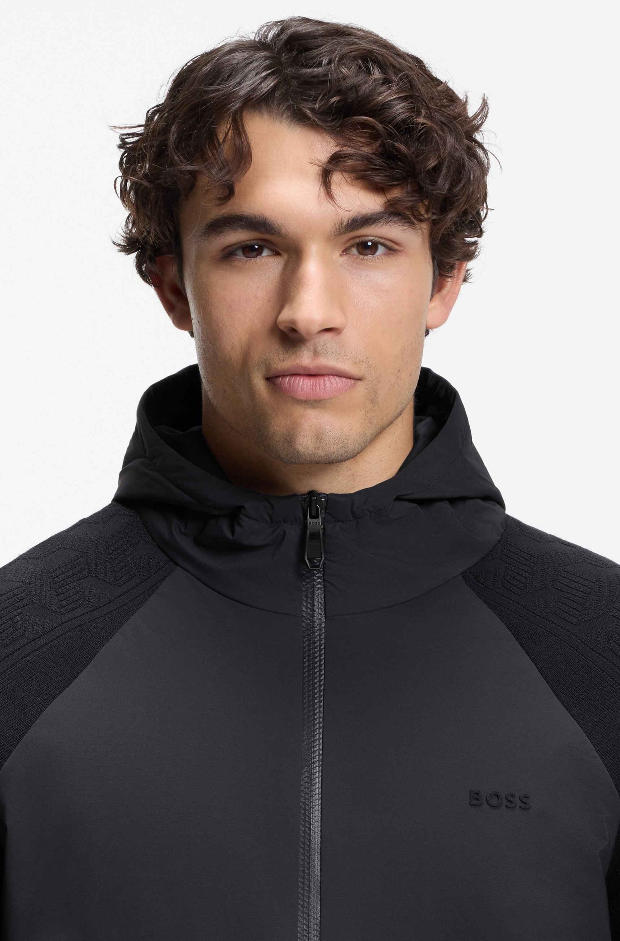 Zip-up hoodie with tonal textured jacquard