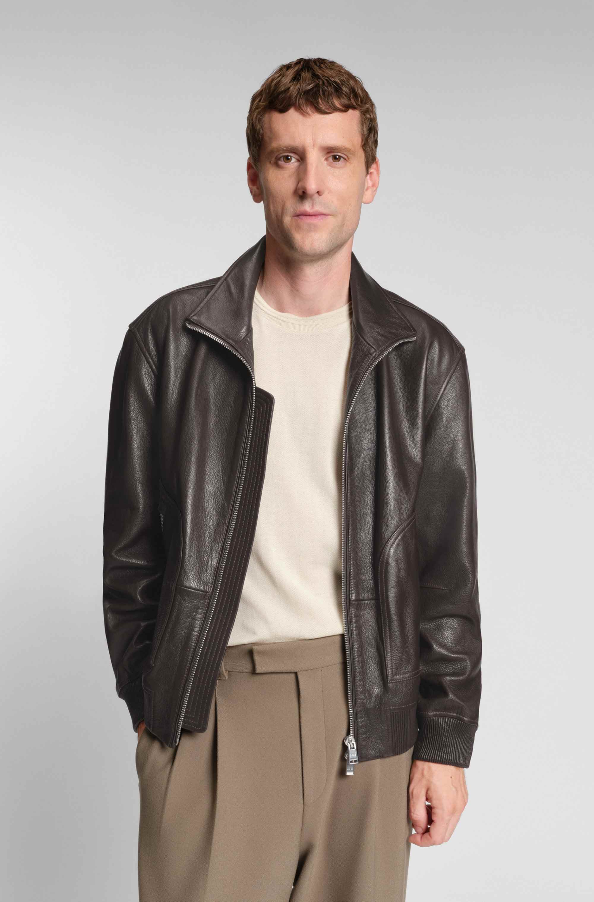 Nappa-leather jacket with two-way zip