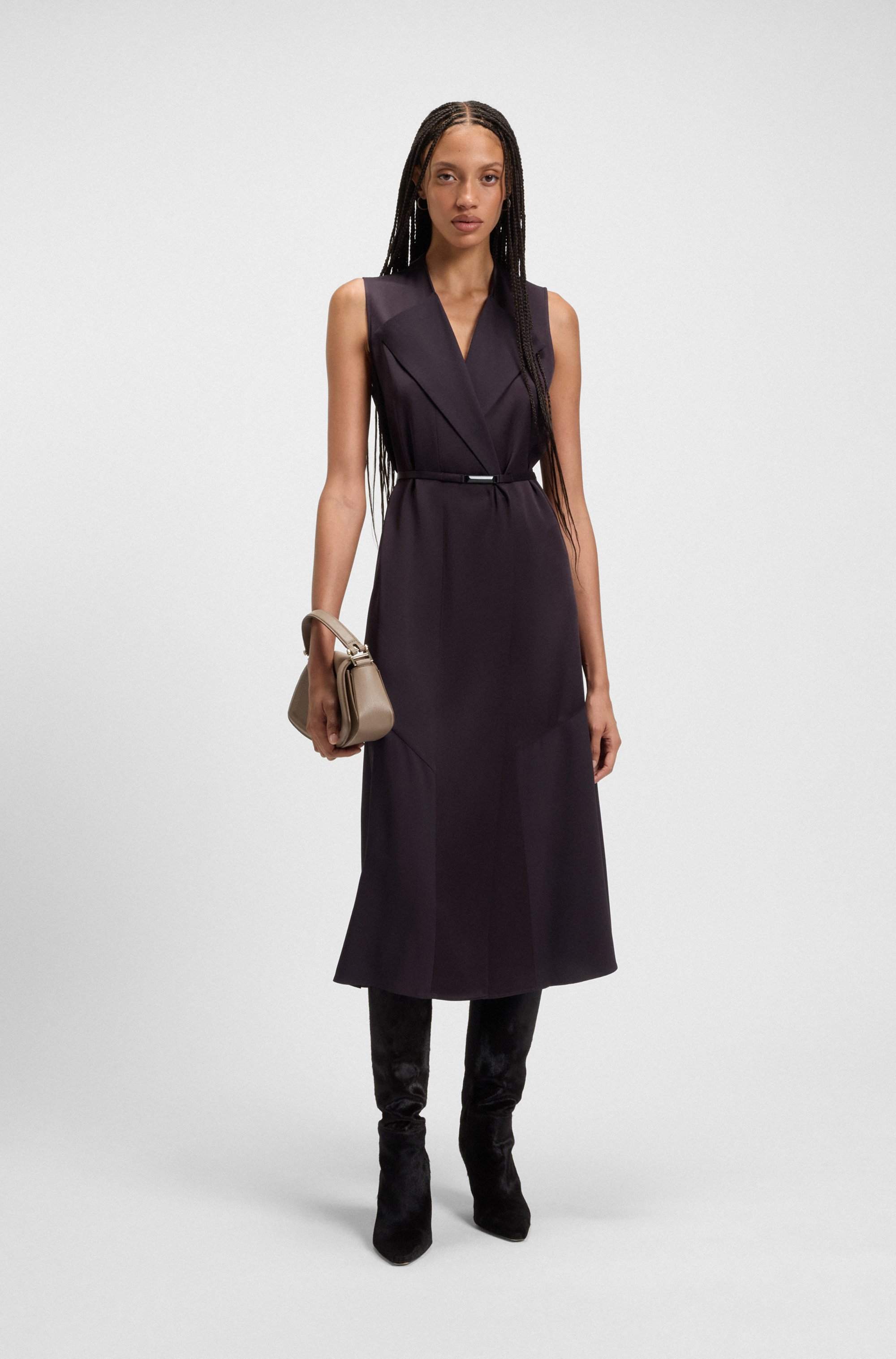Wrap-front dress in lustrous sable