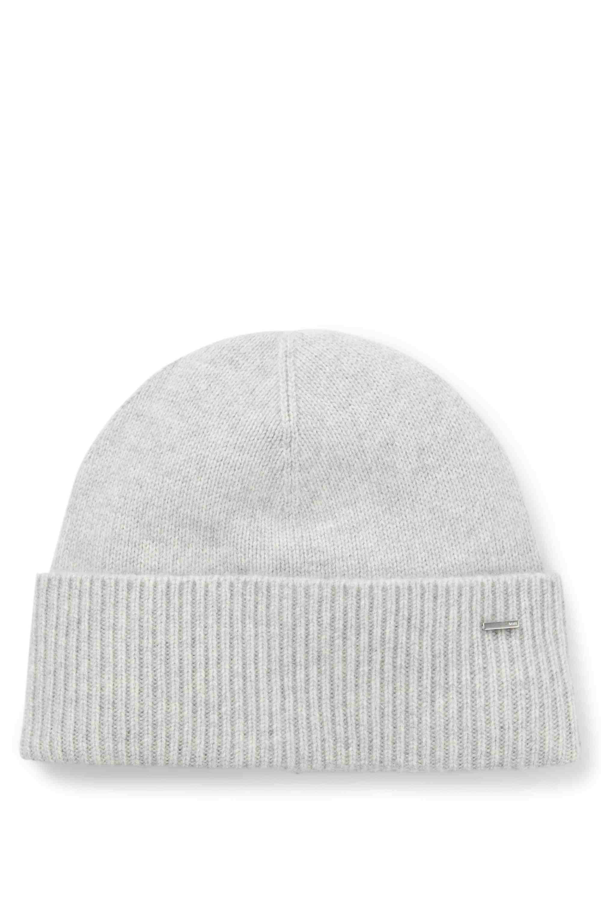 Cashmere beanie hat with metal logo tube