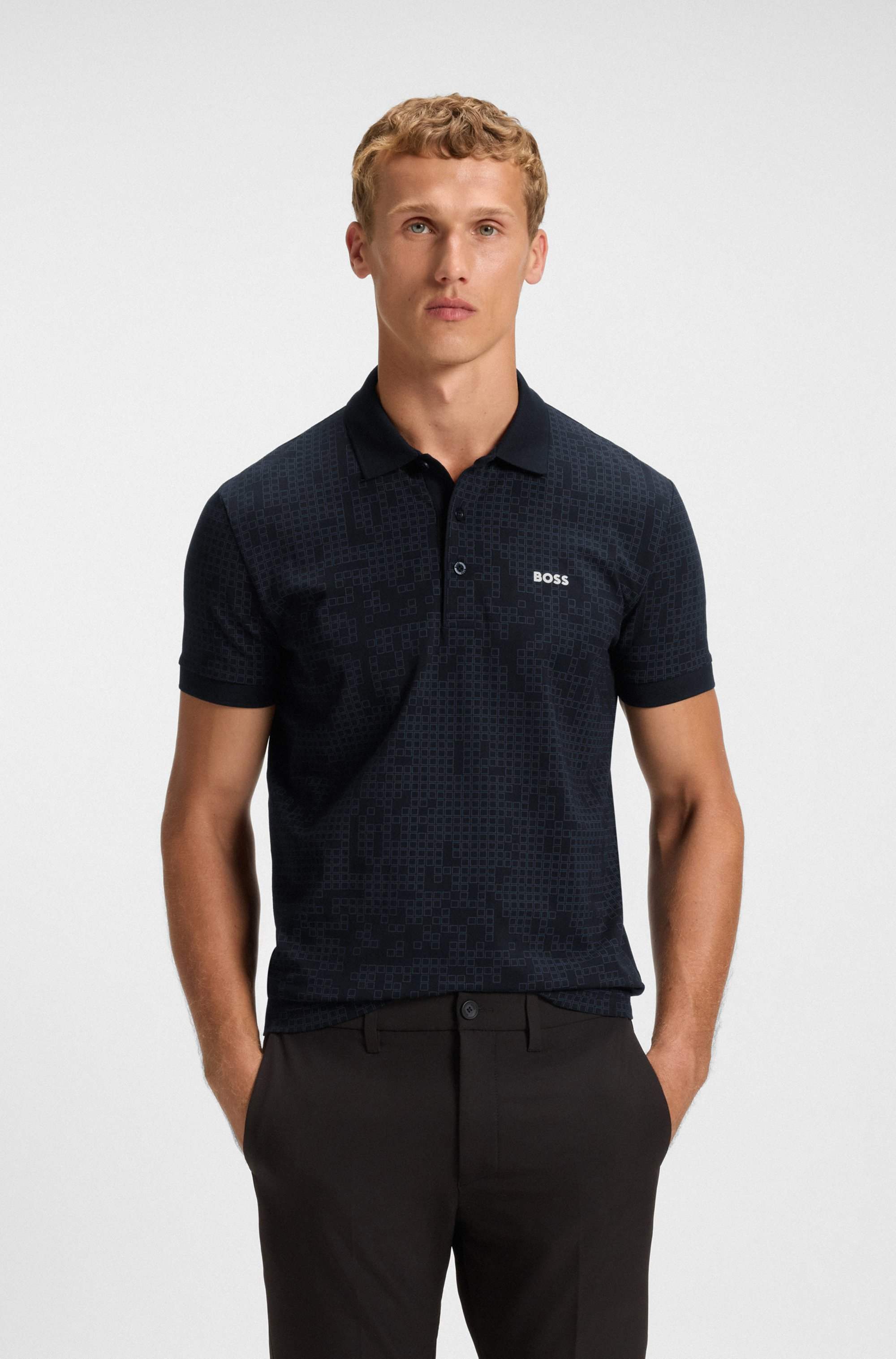 Stretch-cotton polo shirt with all-over print