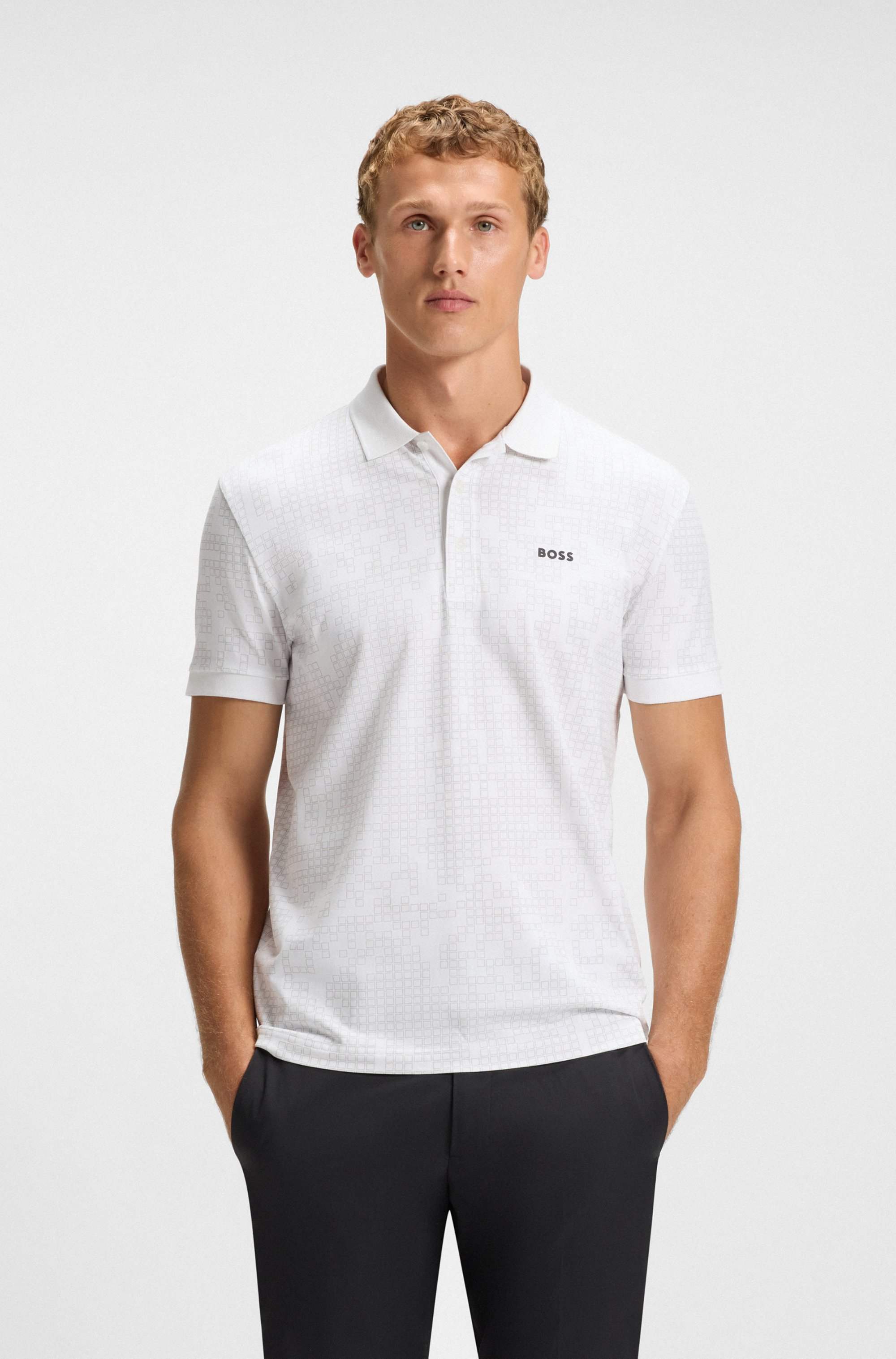 Stretch-cotton polo shirt with all-over print