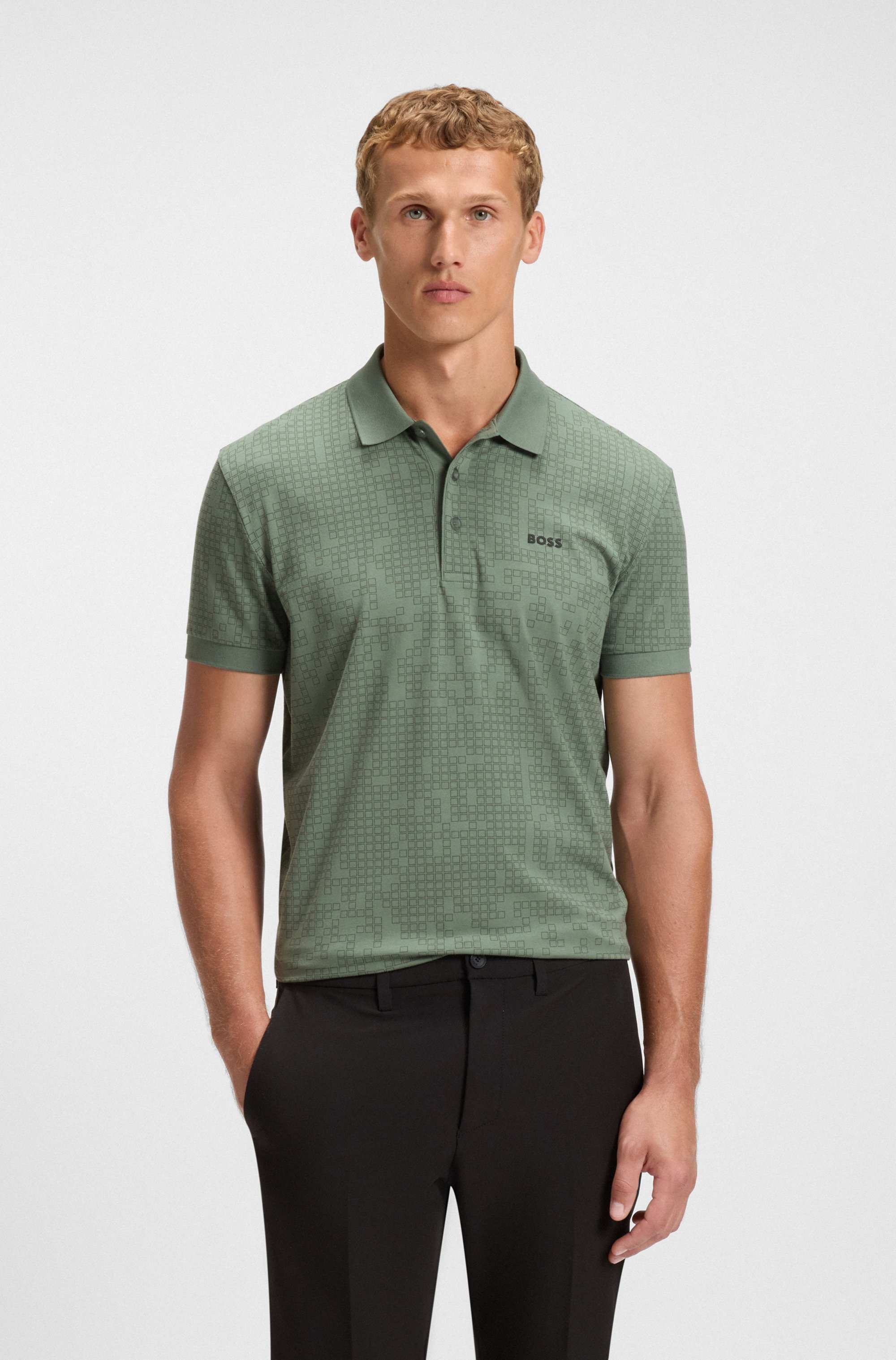 Stretch-cotton polo shirt with all-over print