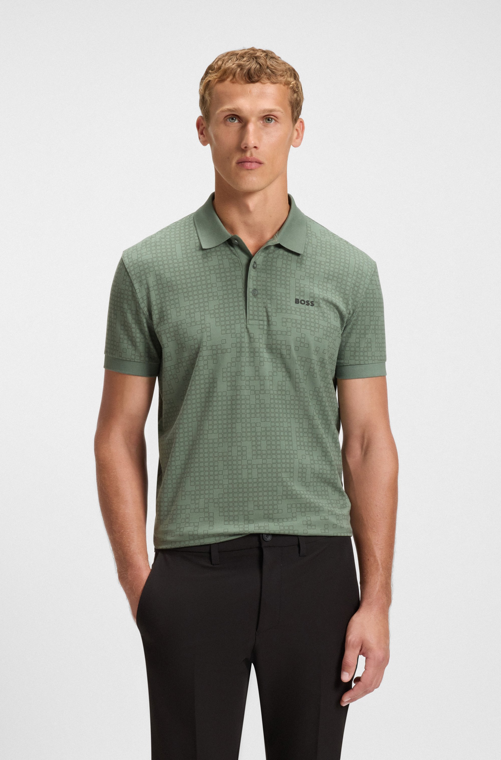 Stretch-cotton polo shirt with all-over print