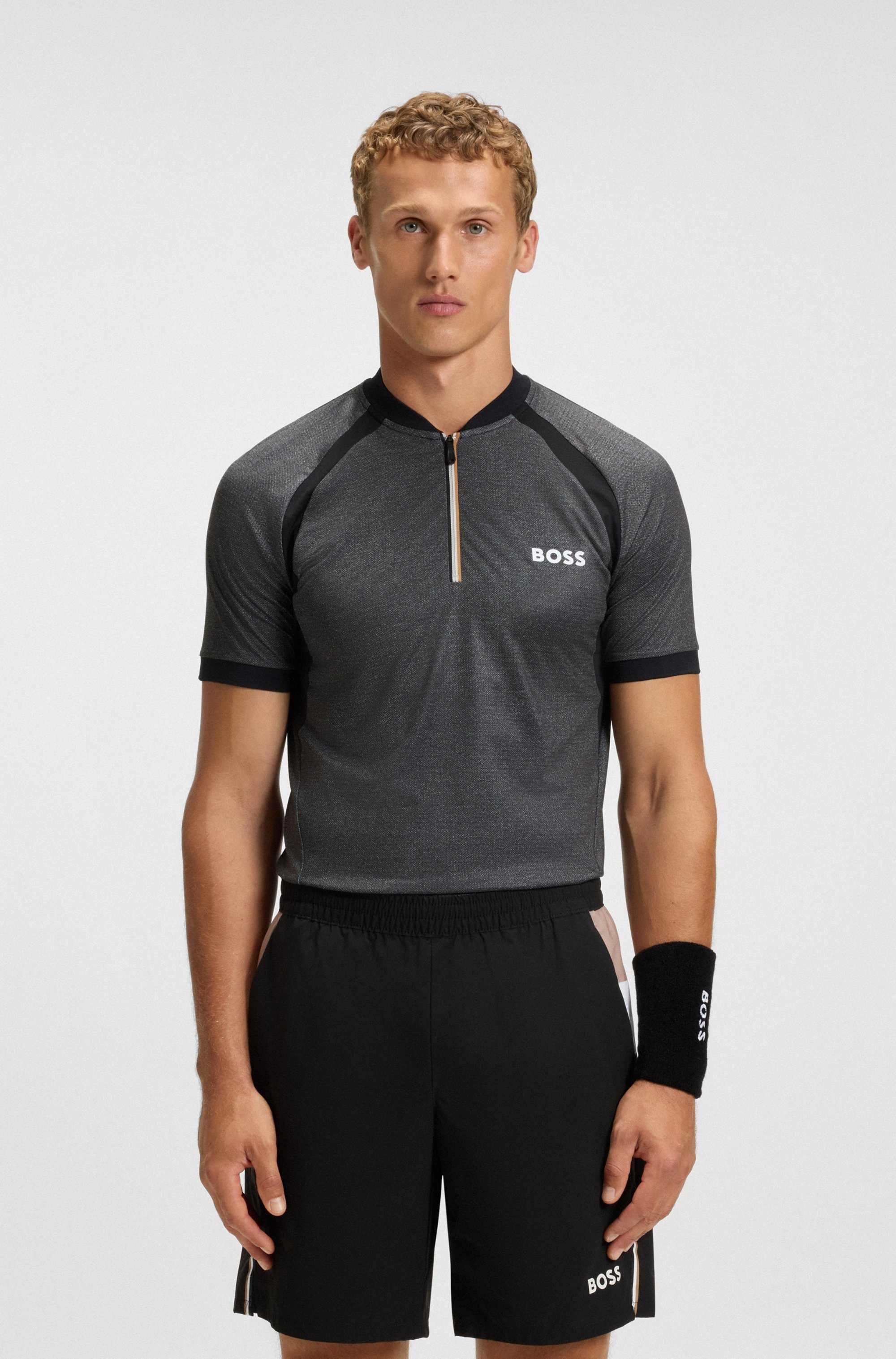 Zip-neck slim-fit polo shirt in mesh jersey