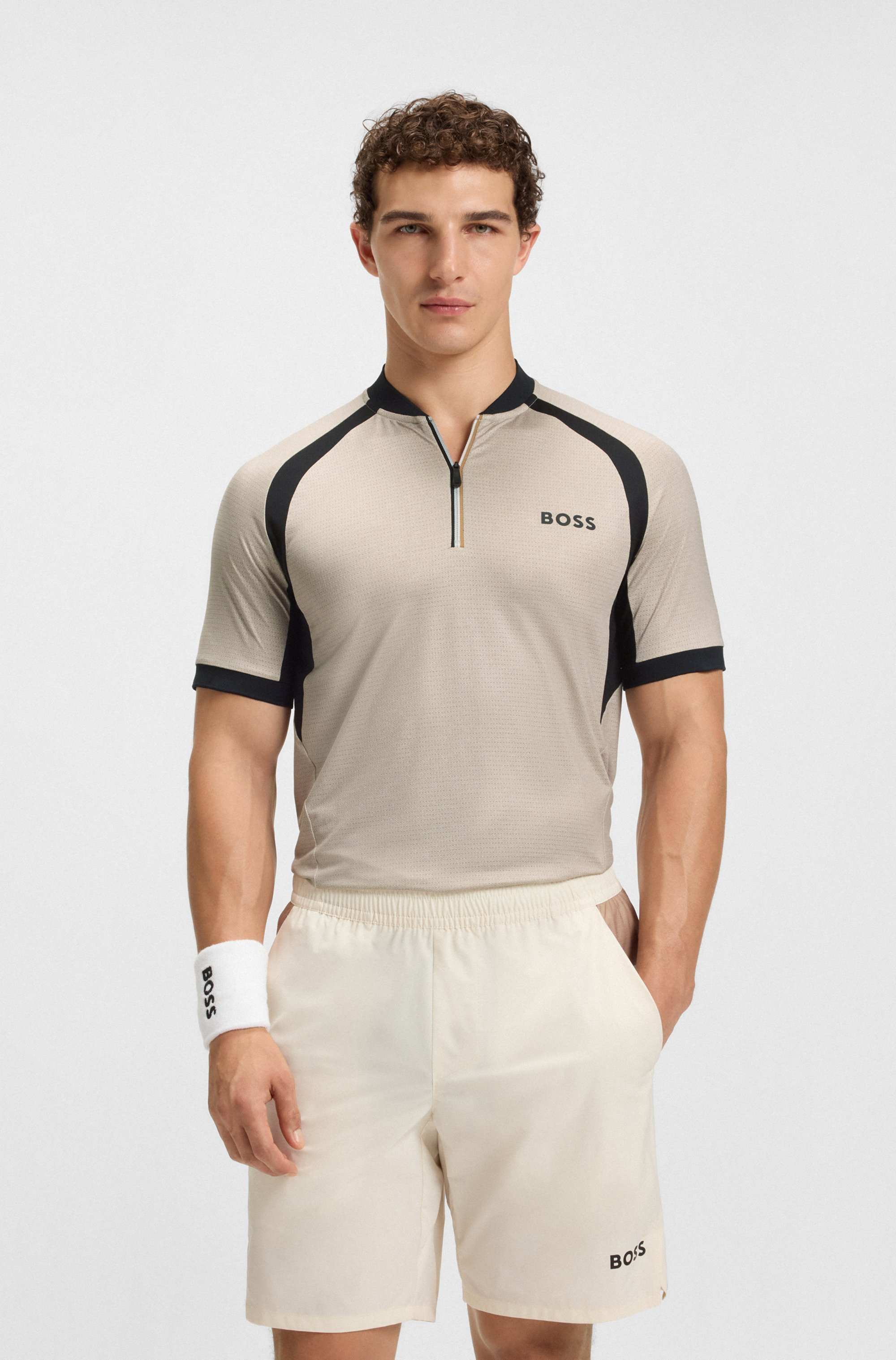 Zip-neck slim-fit polo shirt in mesh jersey