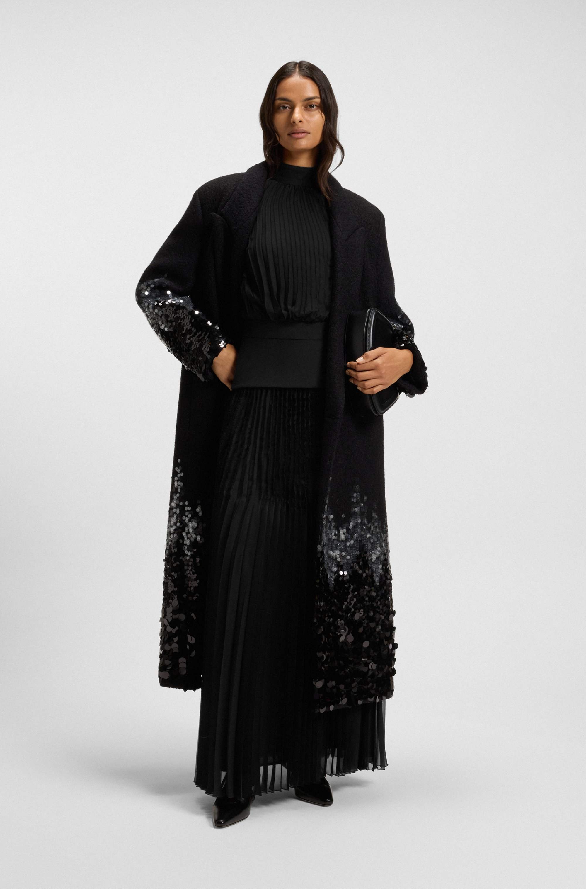 Long-length plissé dress with plain insert