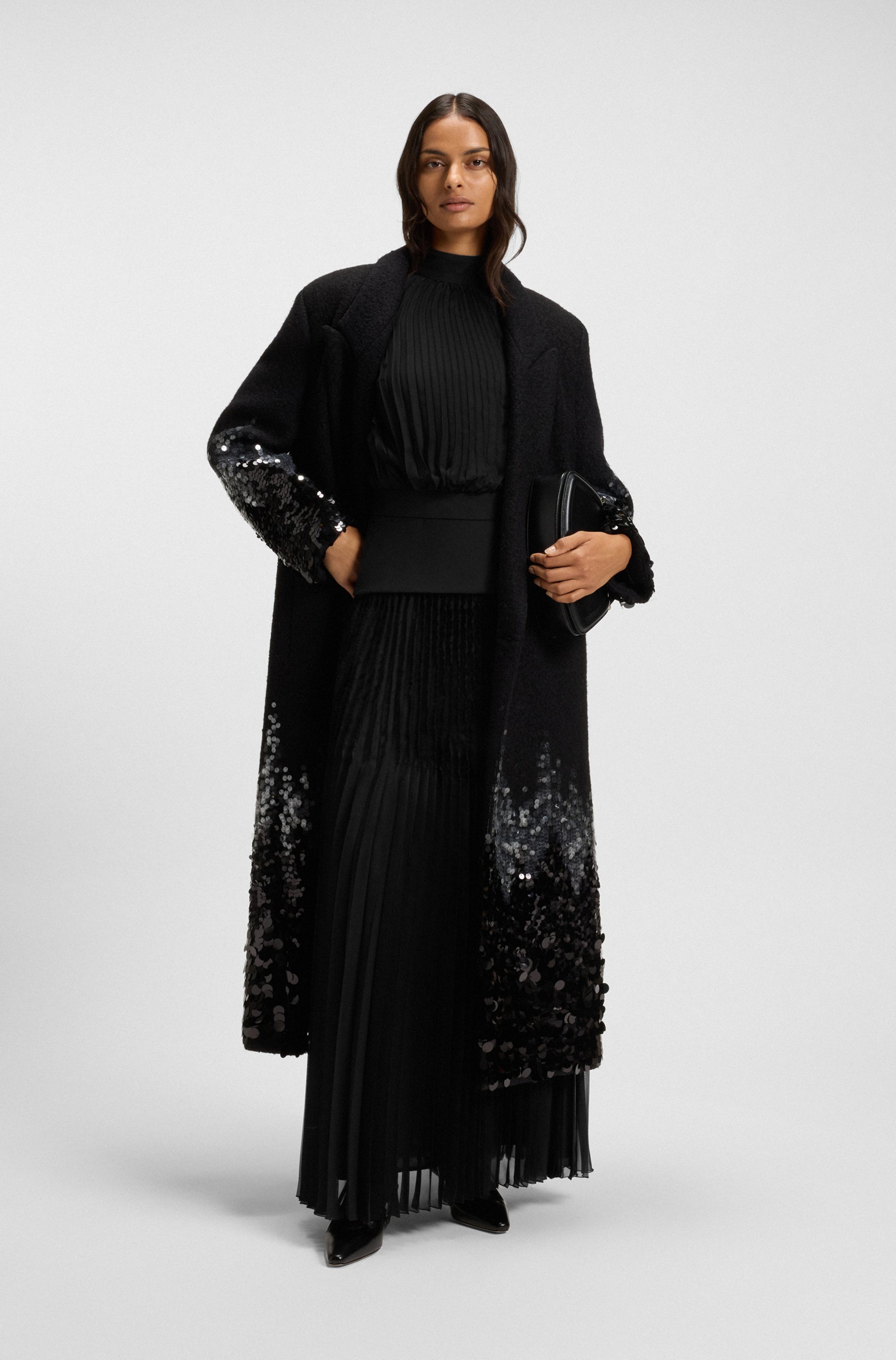 Long-length plissé dress with plain insert