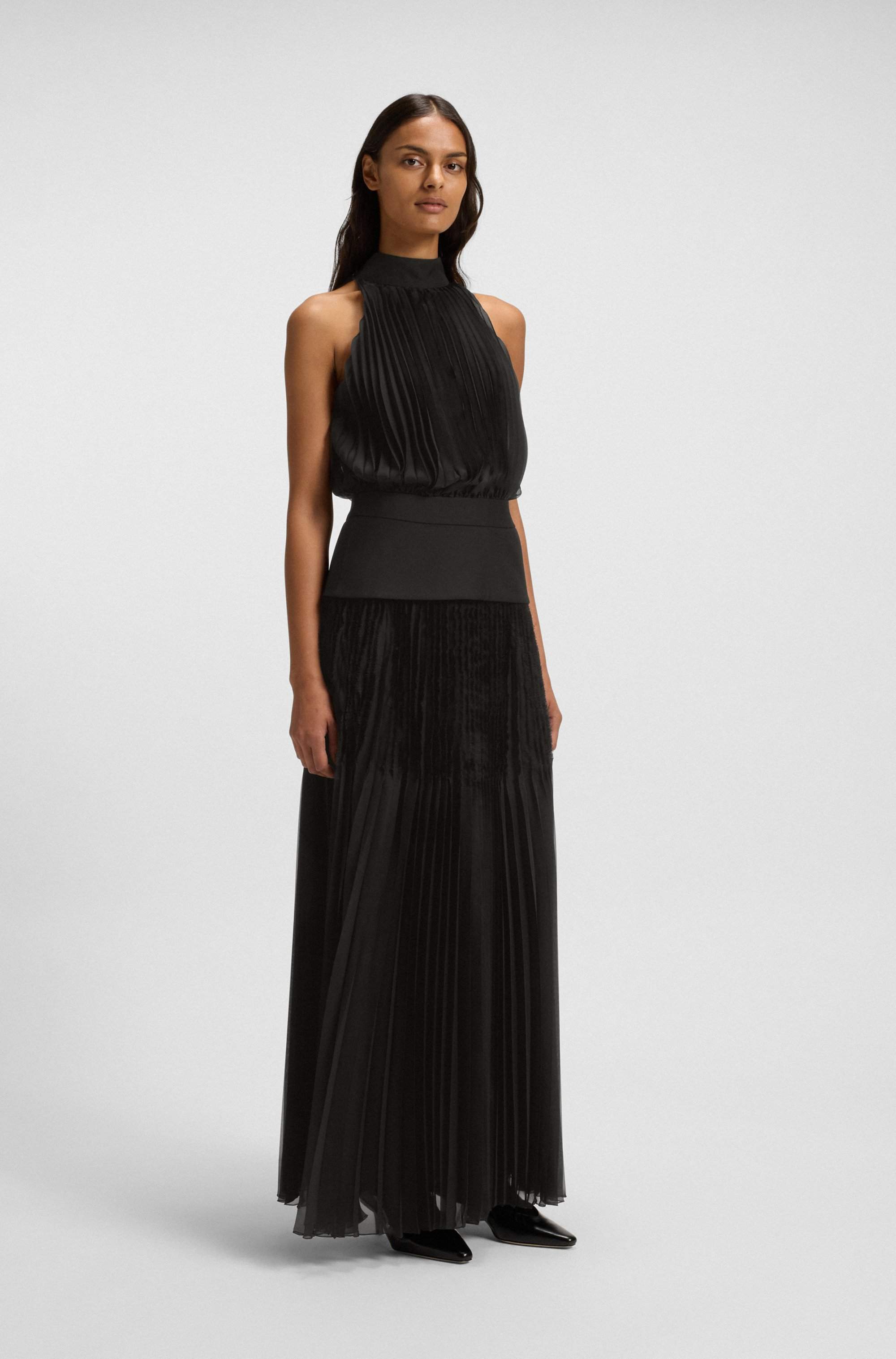 Long-length plissé dress with plain insert