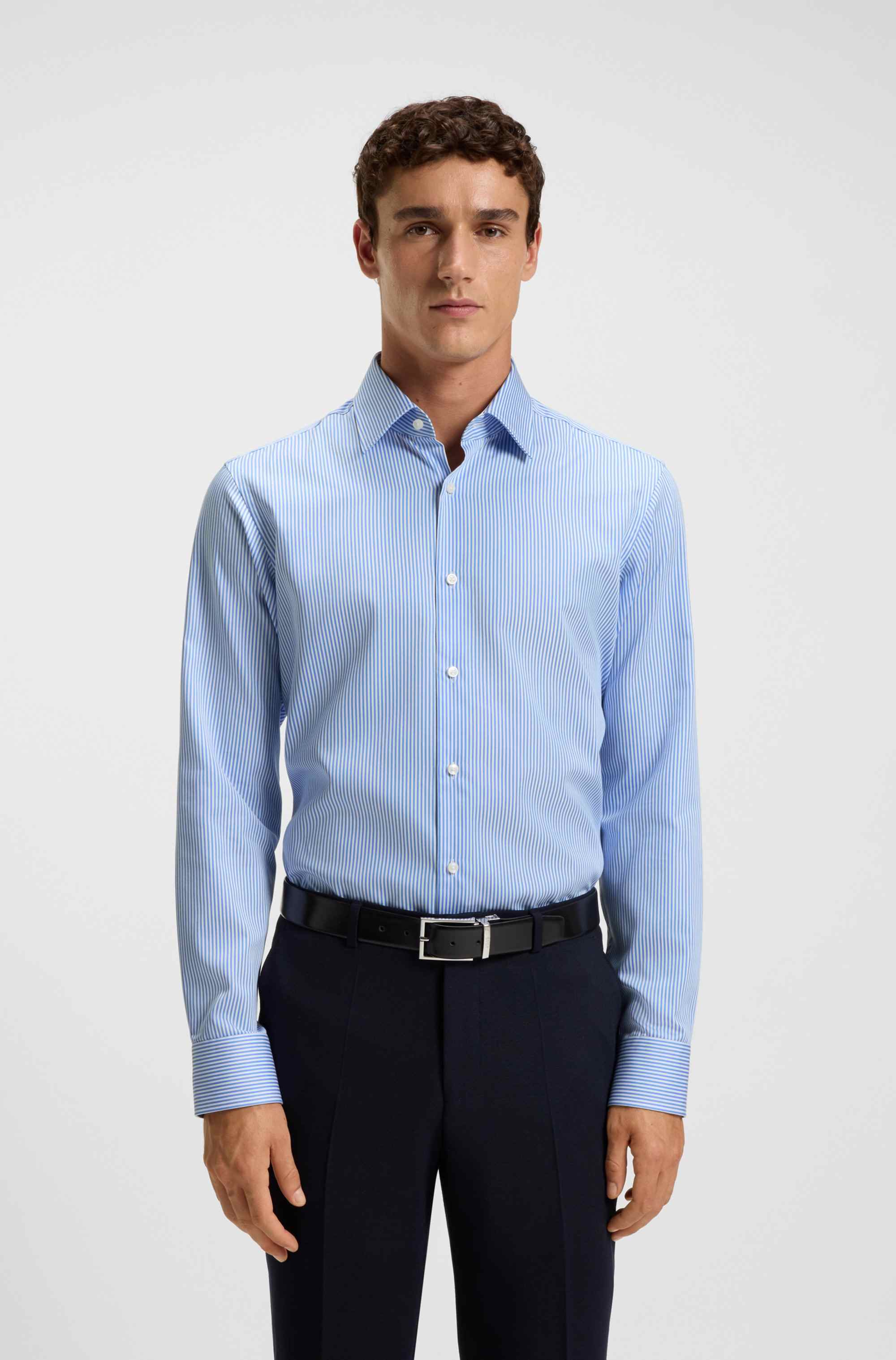 Regular-fit shirt in easy-iron striped cotton satin