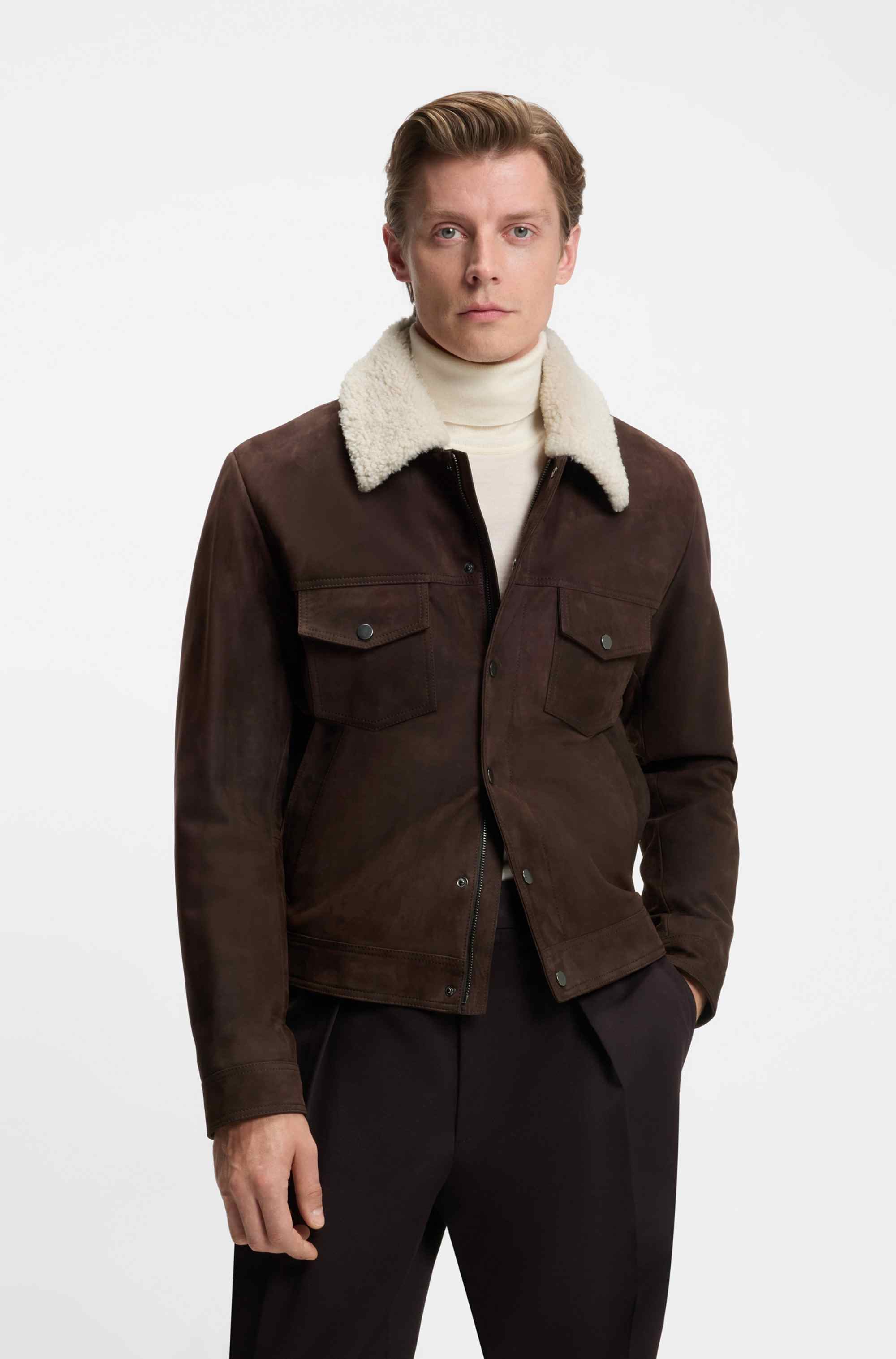 BECKHAM x BOSS leather jacket with fur collar