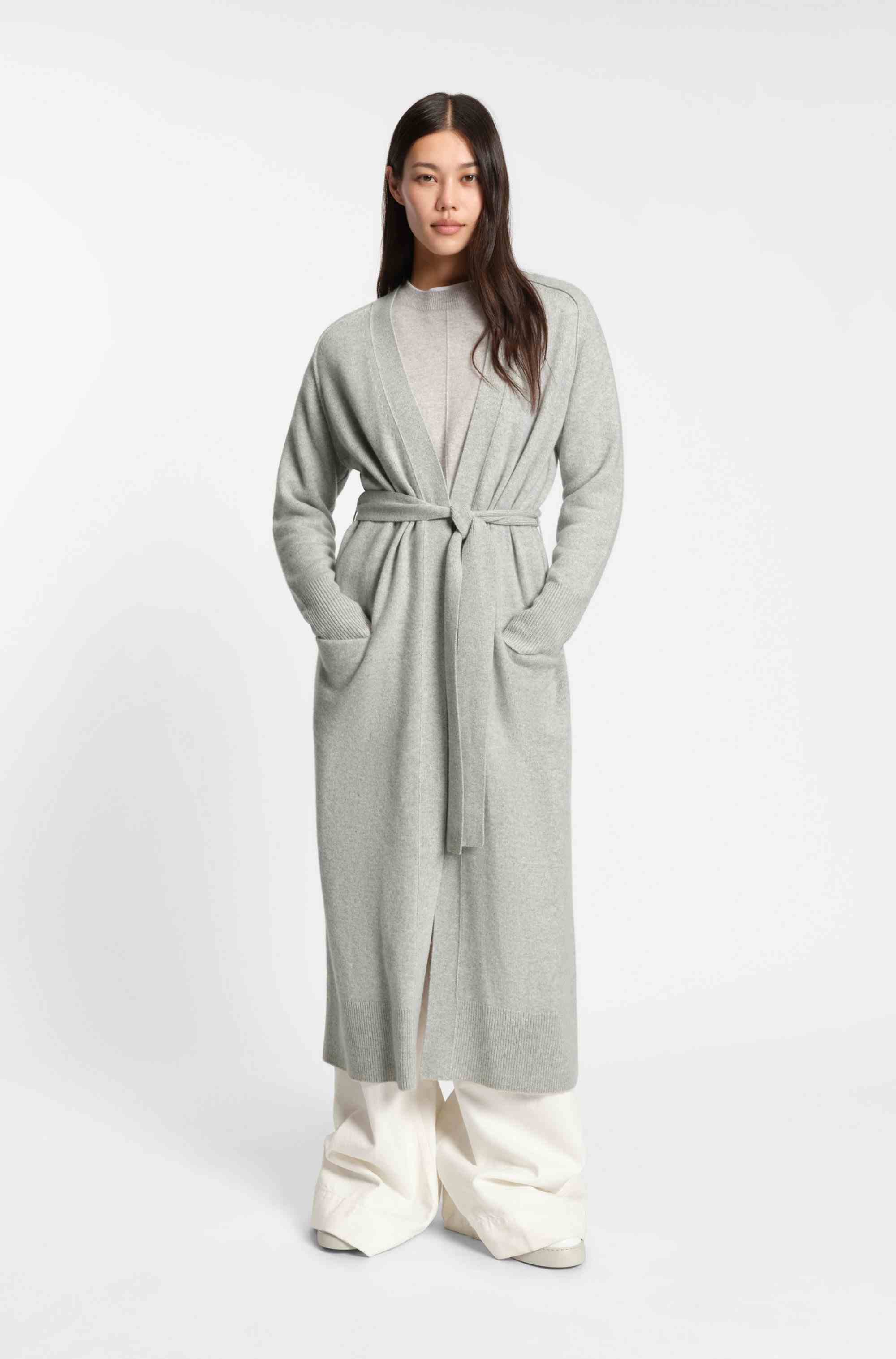 Longline belted cardigan in melange cashmere