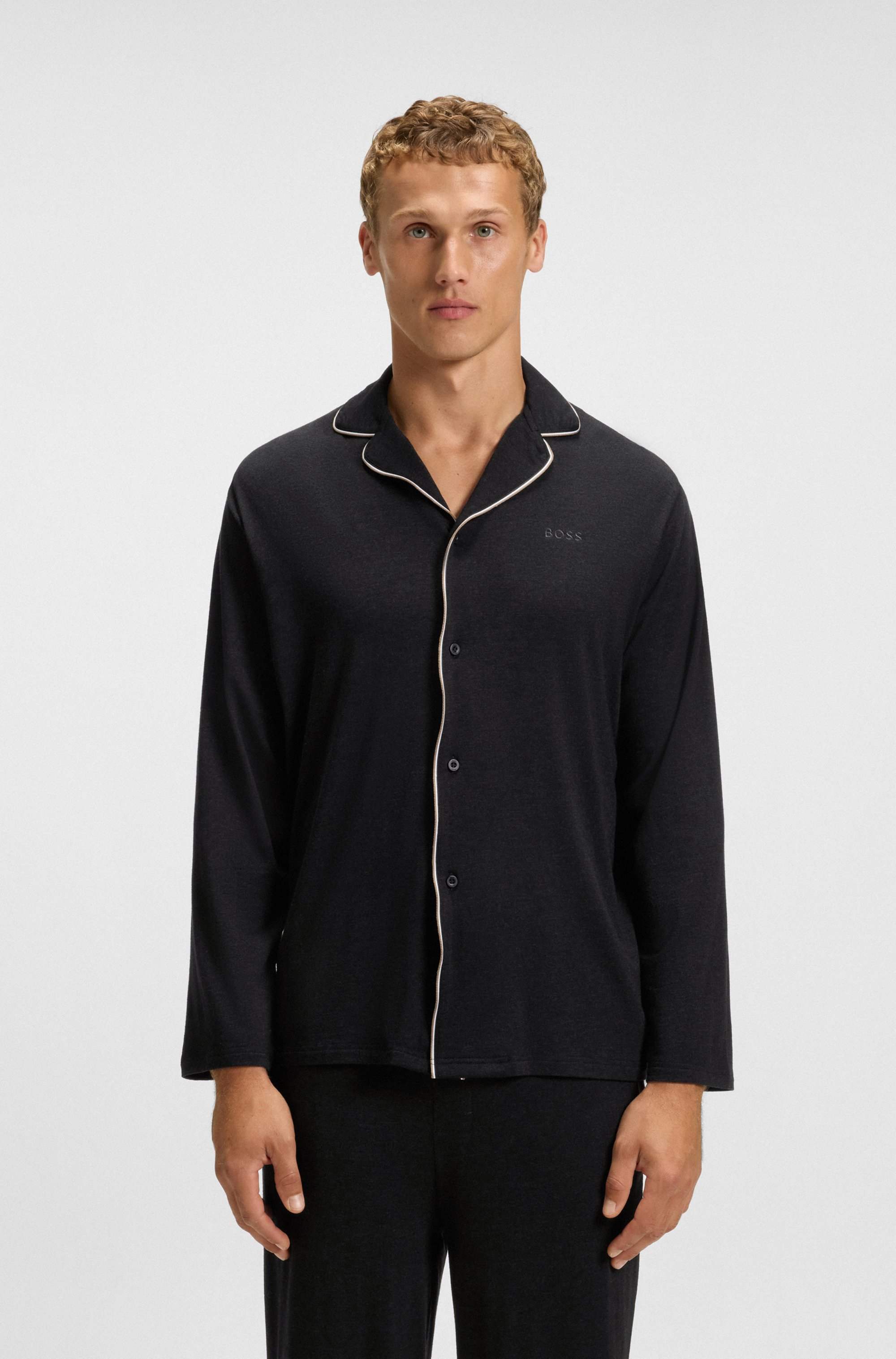 Melange pyjama set with signature-stripe piping