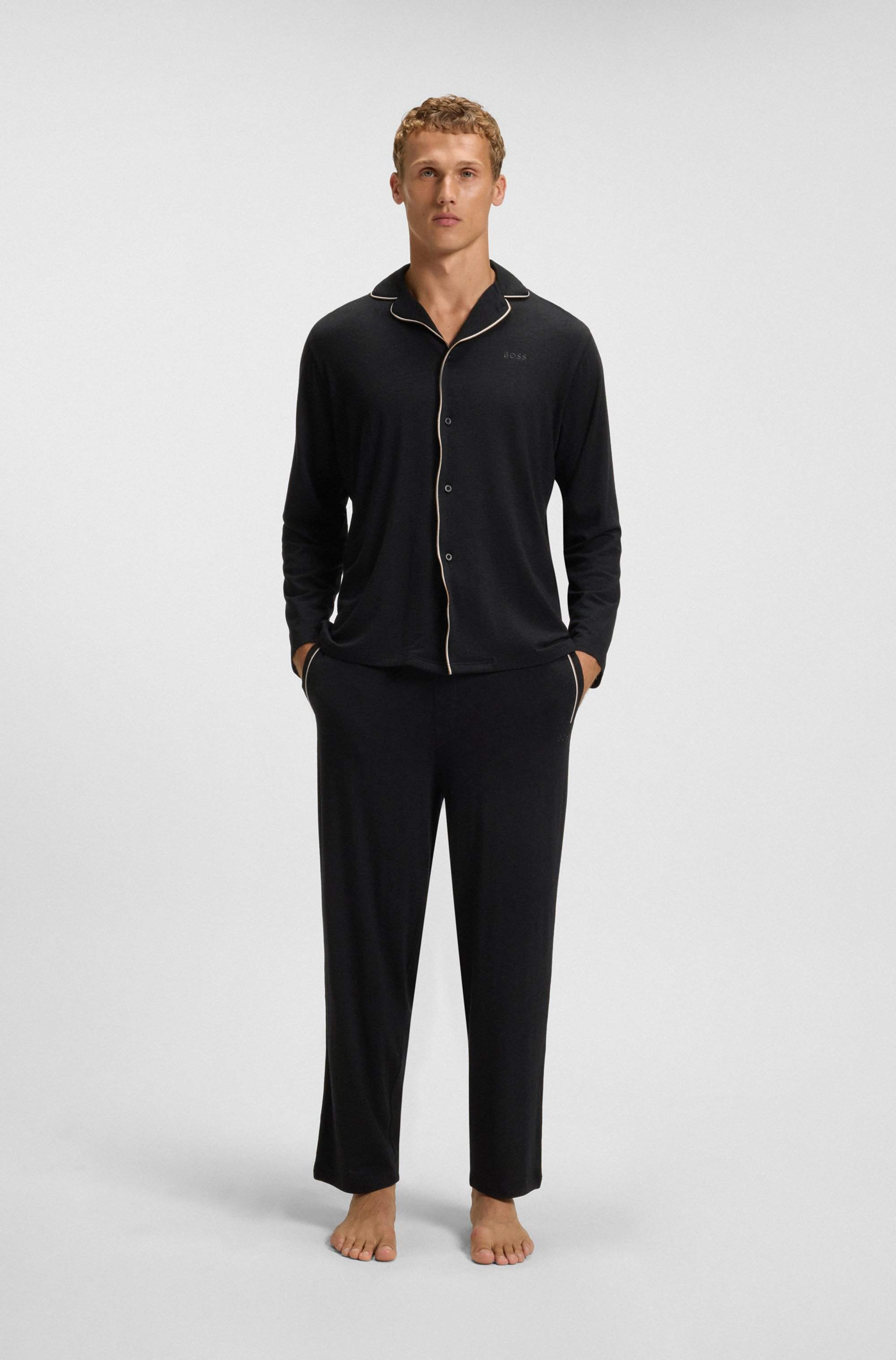 Melange pyjama set with signature-stripe piping