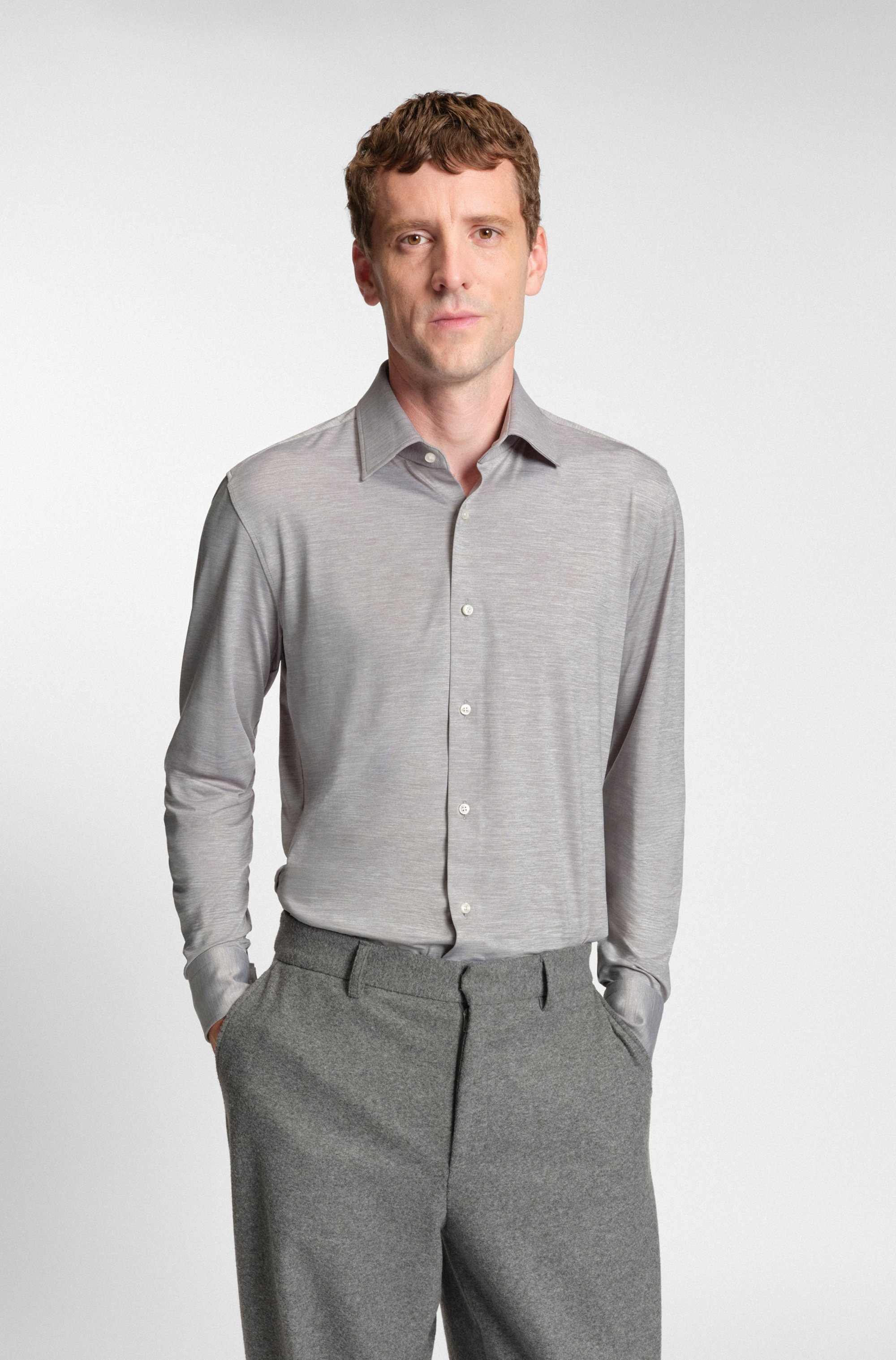Slim-fit shirt in brushed performance-stretch flannel
