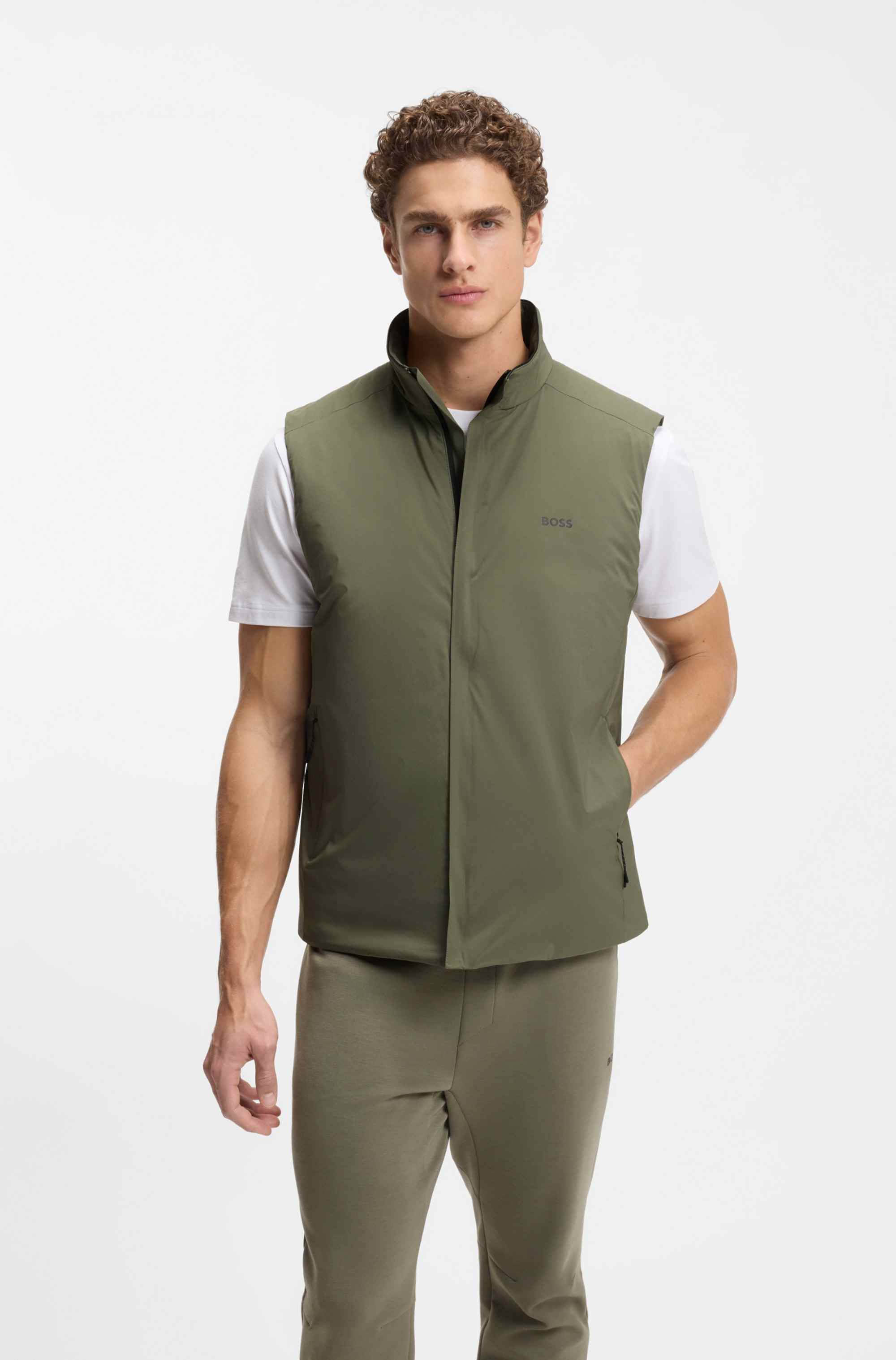 Water-repellent gilet in stretch fabric with logo detail