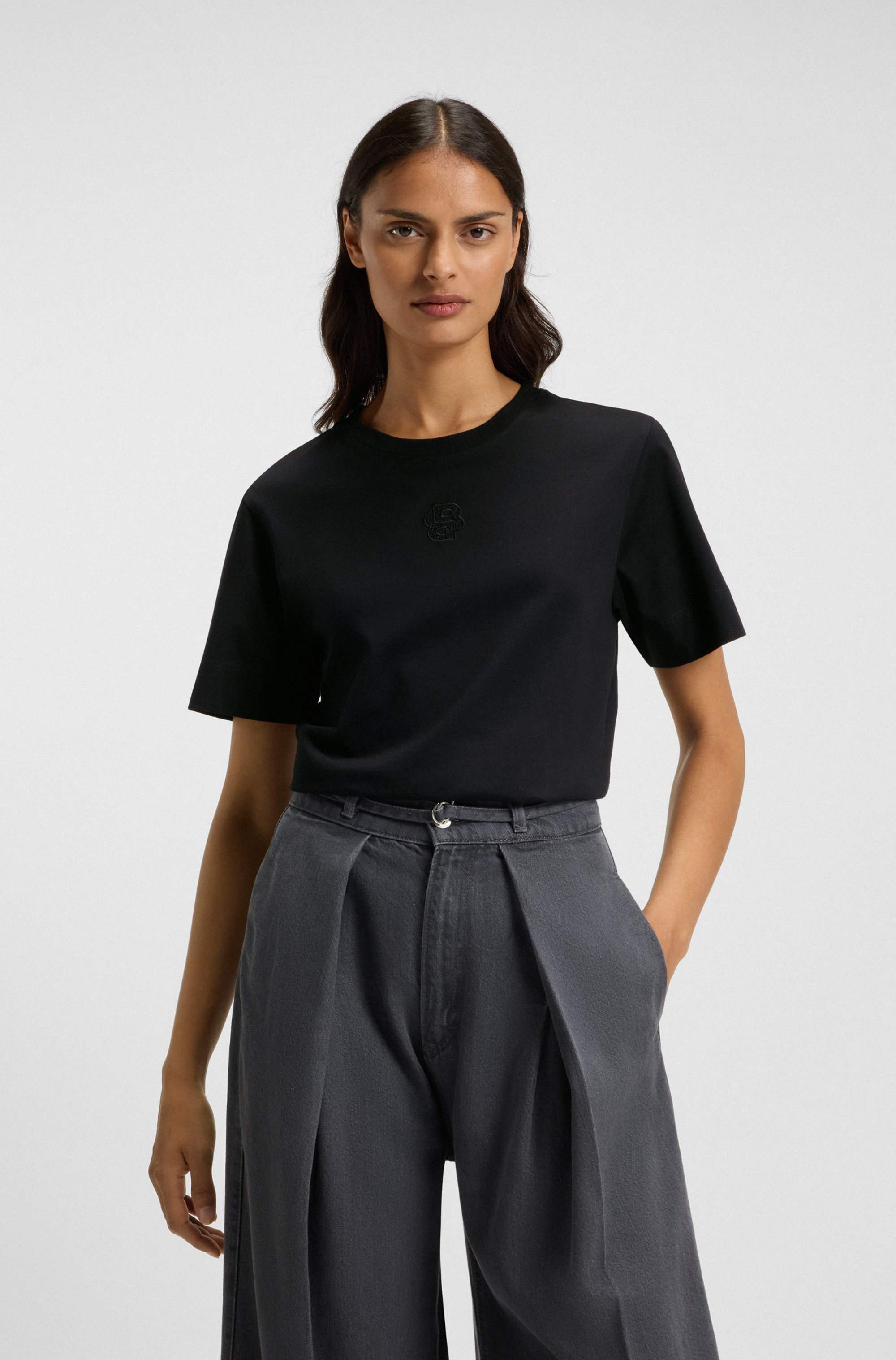 Mercerised-cotton T-shirt with rhinestone Double B