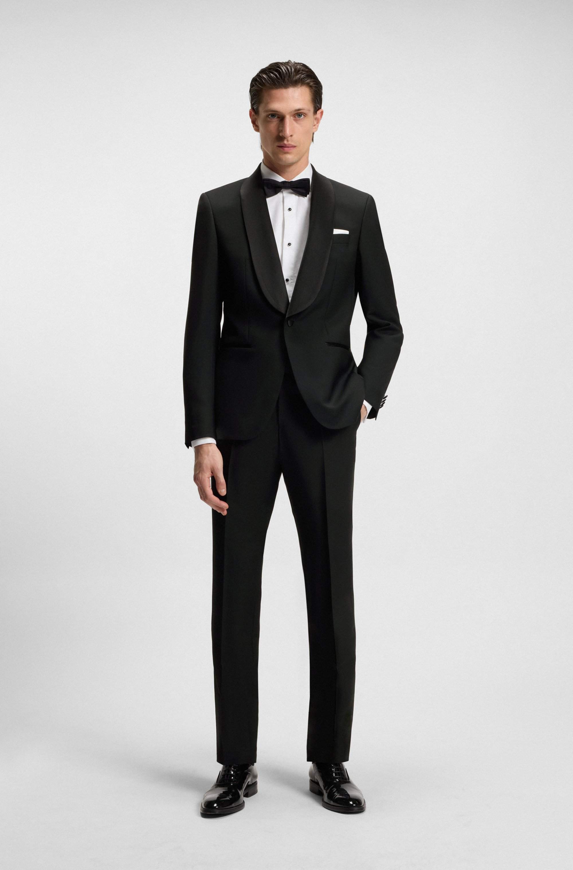 Two-piece tuxedo suit in an Italian wool blend